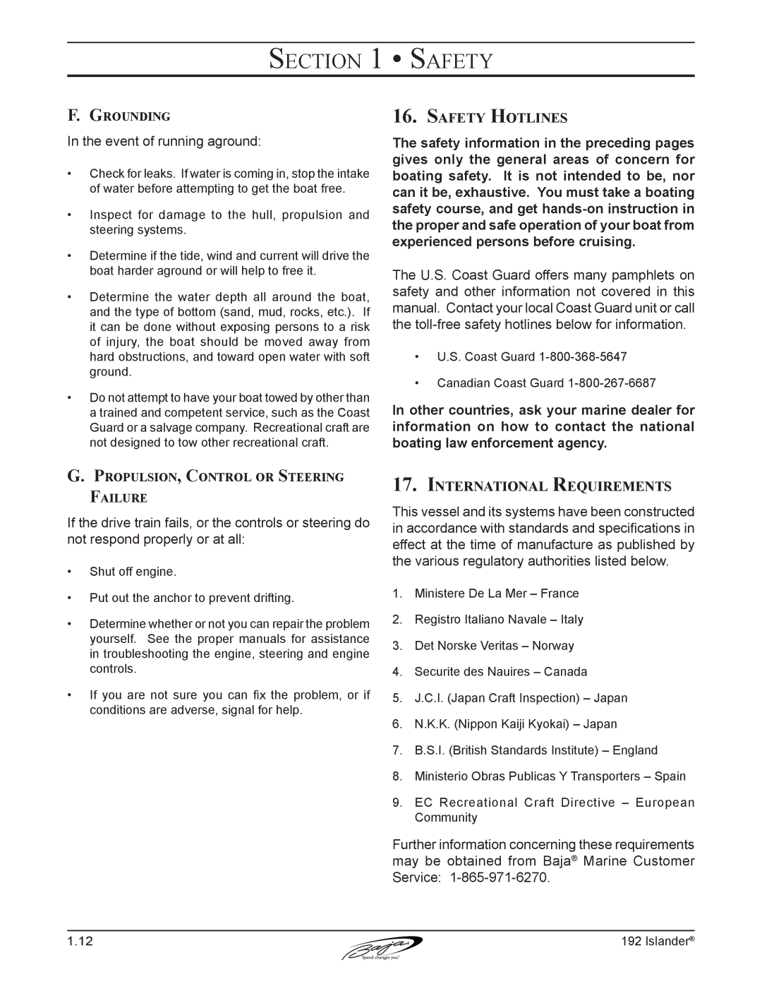 Baja Marine 192 Islander Safety Hotlines, International Requirements, Grounding, Propulsion, Control or Steering Failure 