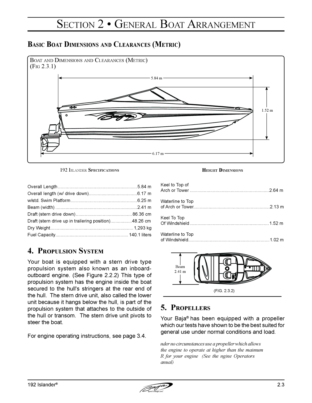 Baja Marine 192 Islander manual Basic Boat Dimensions and Clearances Metric, Propulsion System, Propellers 