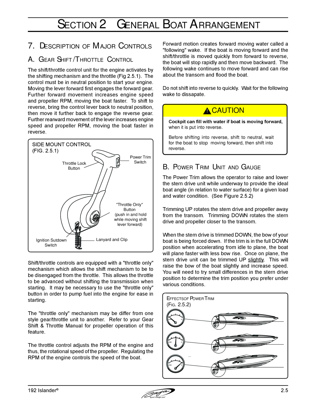 Baja Marine 192 Islander manual Description of Major Controls, Gear Shift/Throttle Control, Power Trim Unit and Gauge 