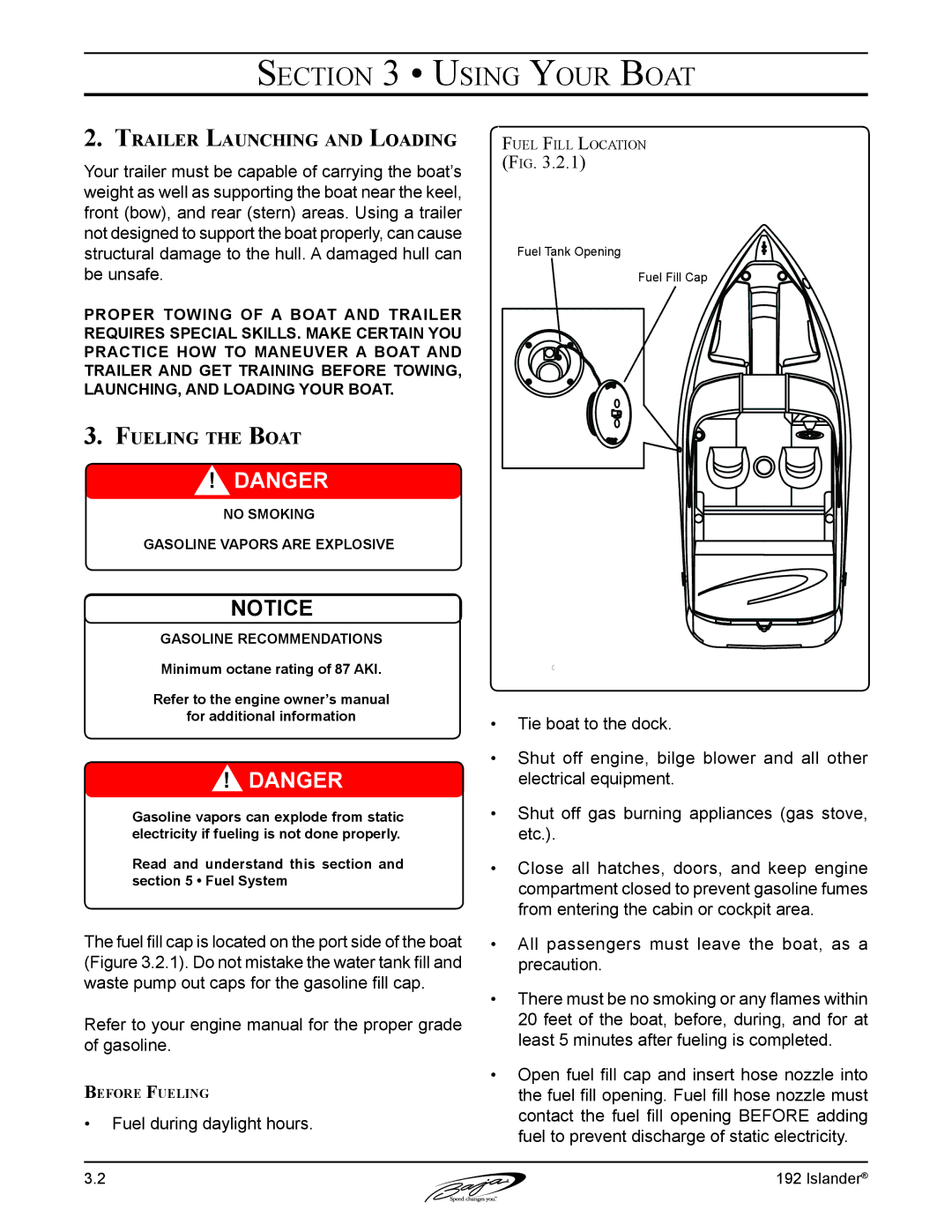 Baja Marine 192 Islander manual Trailer Launching and Loading, Fueling the Boat 