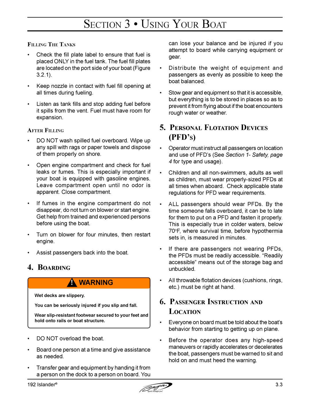 Baja Marine 192 Islander manual Boarding, Personal Flotation Devices, Passenger Instruction and Location 