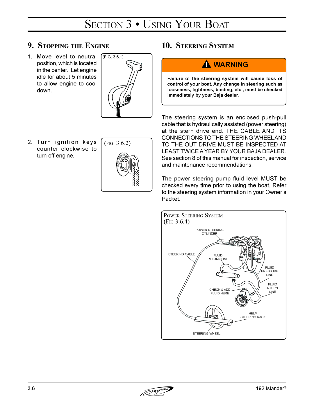 Baja Marine 192 Islander manual Stopping the Engine, Steering System 