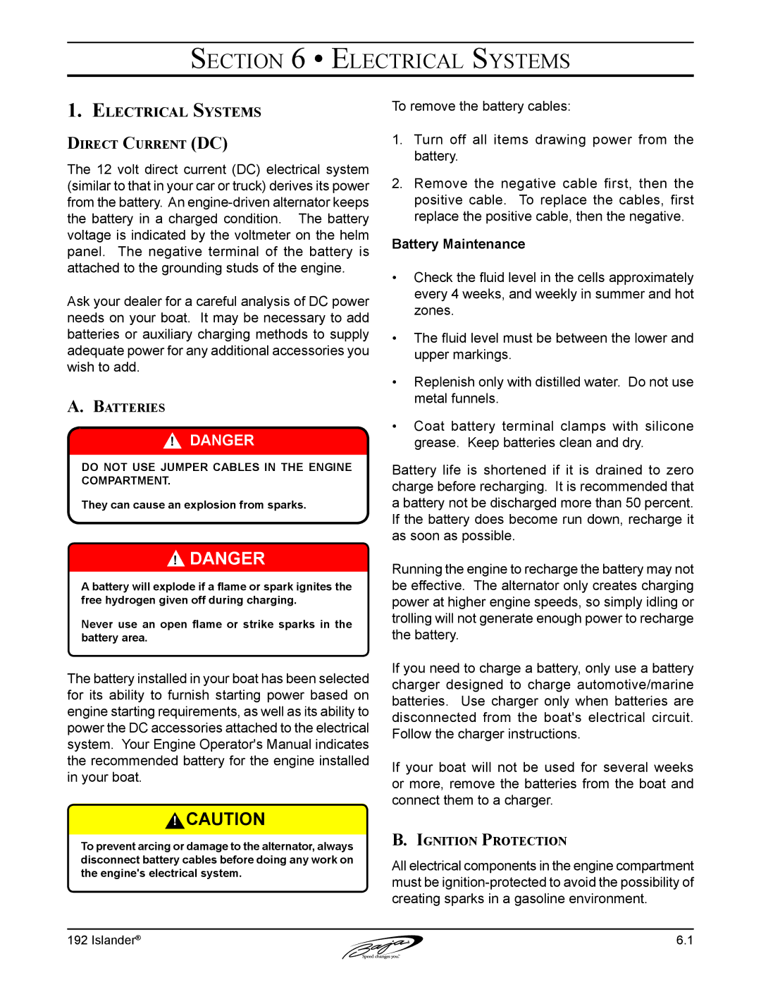 Baja Marine 192 Islander manual Electrical Systems, Direct Current DC, Batteries, Ignition Protection 