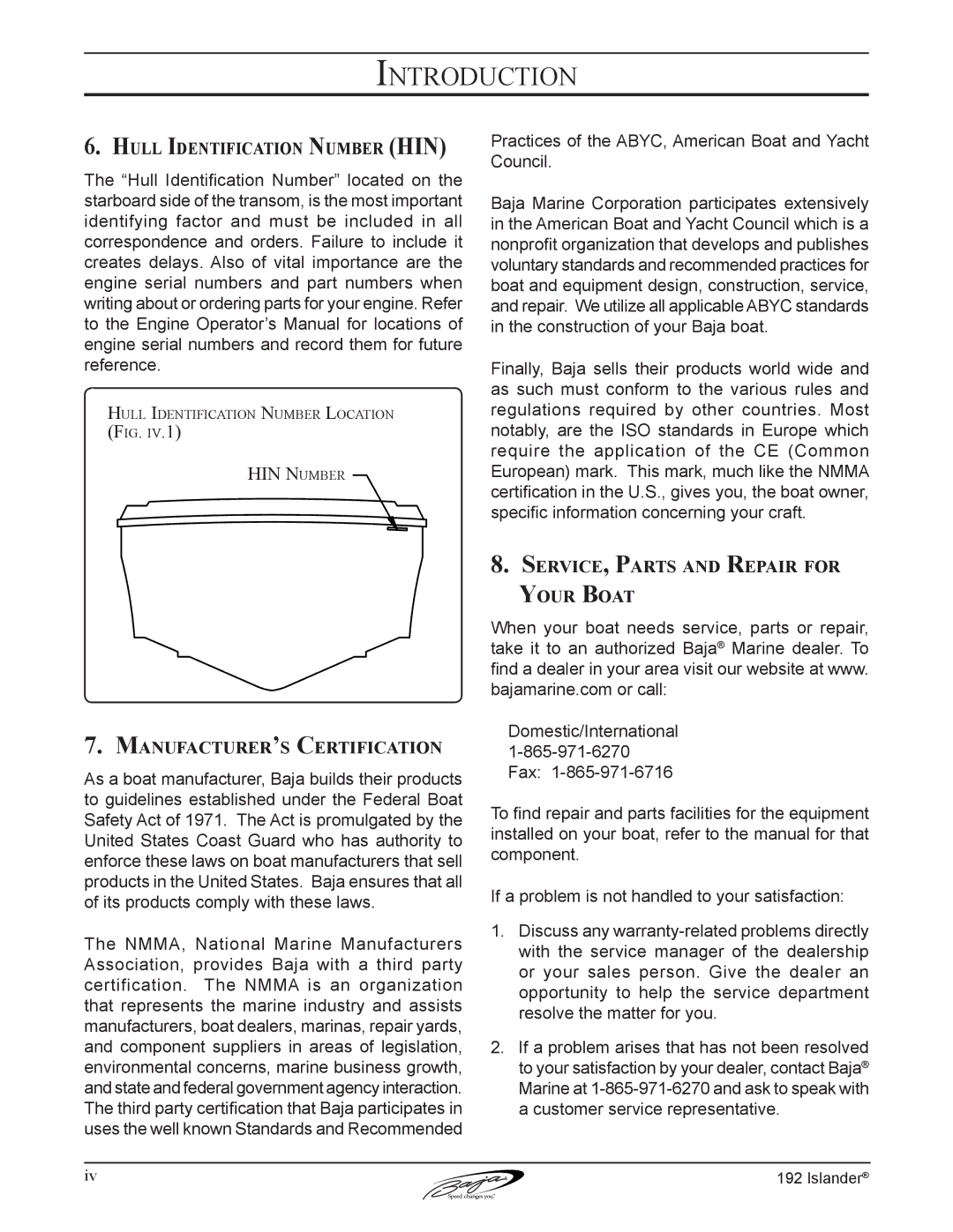 Baja Marine 192 Islander manual Hull Identification Number HIN, Manufacturer’s Certification 