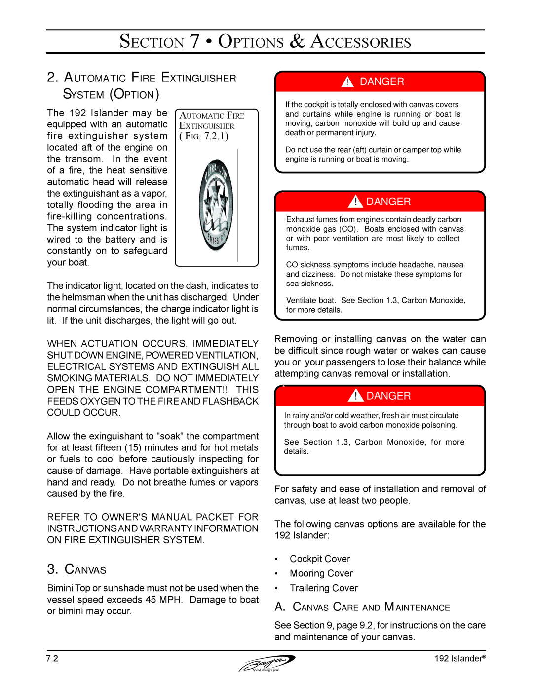 Baja Marine 192 Islander manual Automatic Fire Extinguisher System Option, Canvas Care and Maintenance 