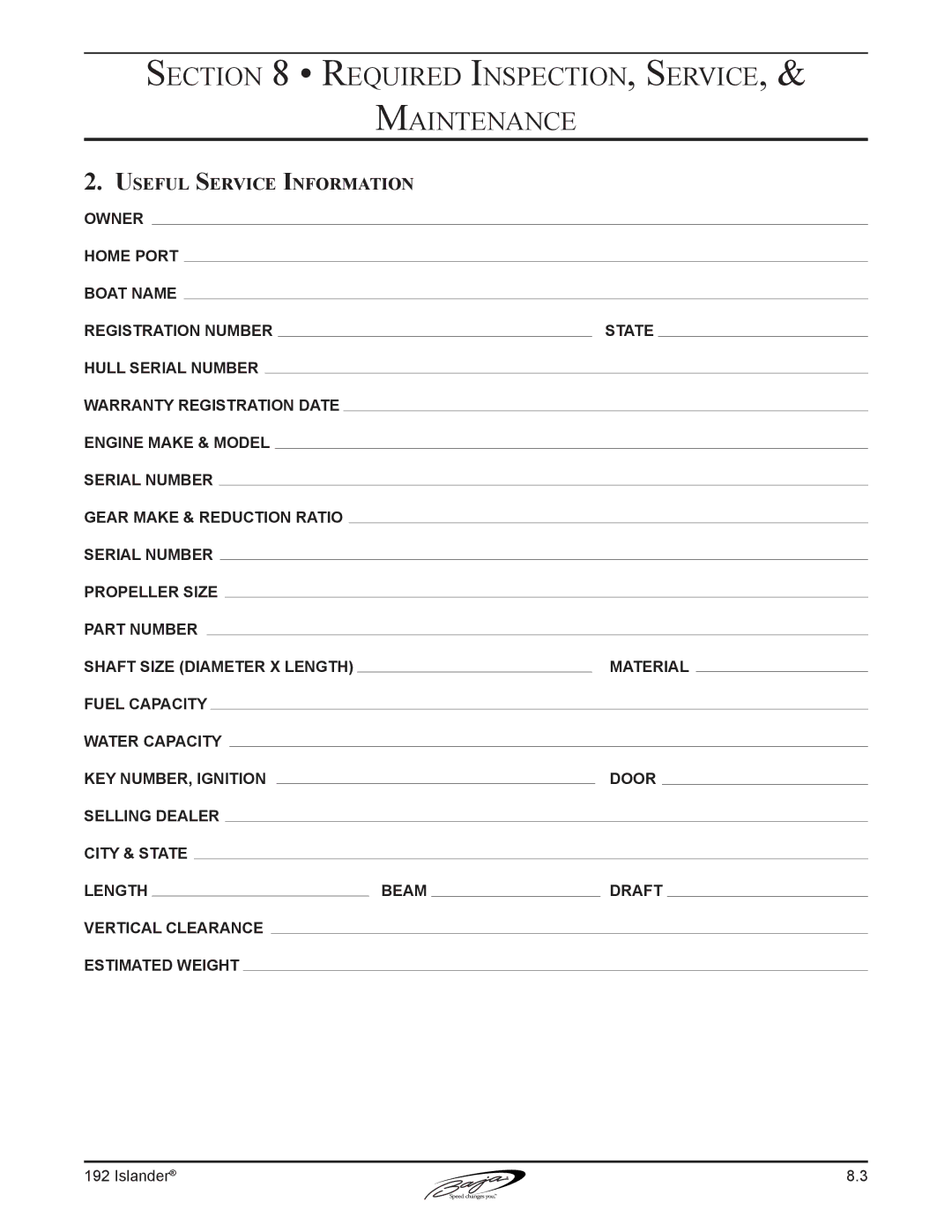 Baja Marine 192 Islander manual Useful Service Information 