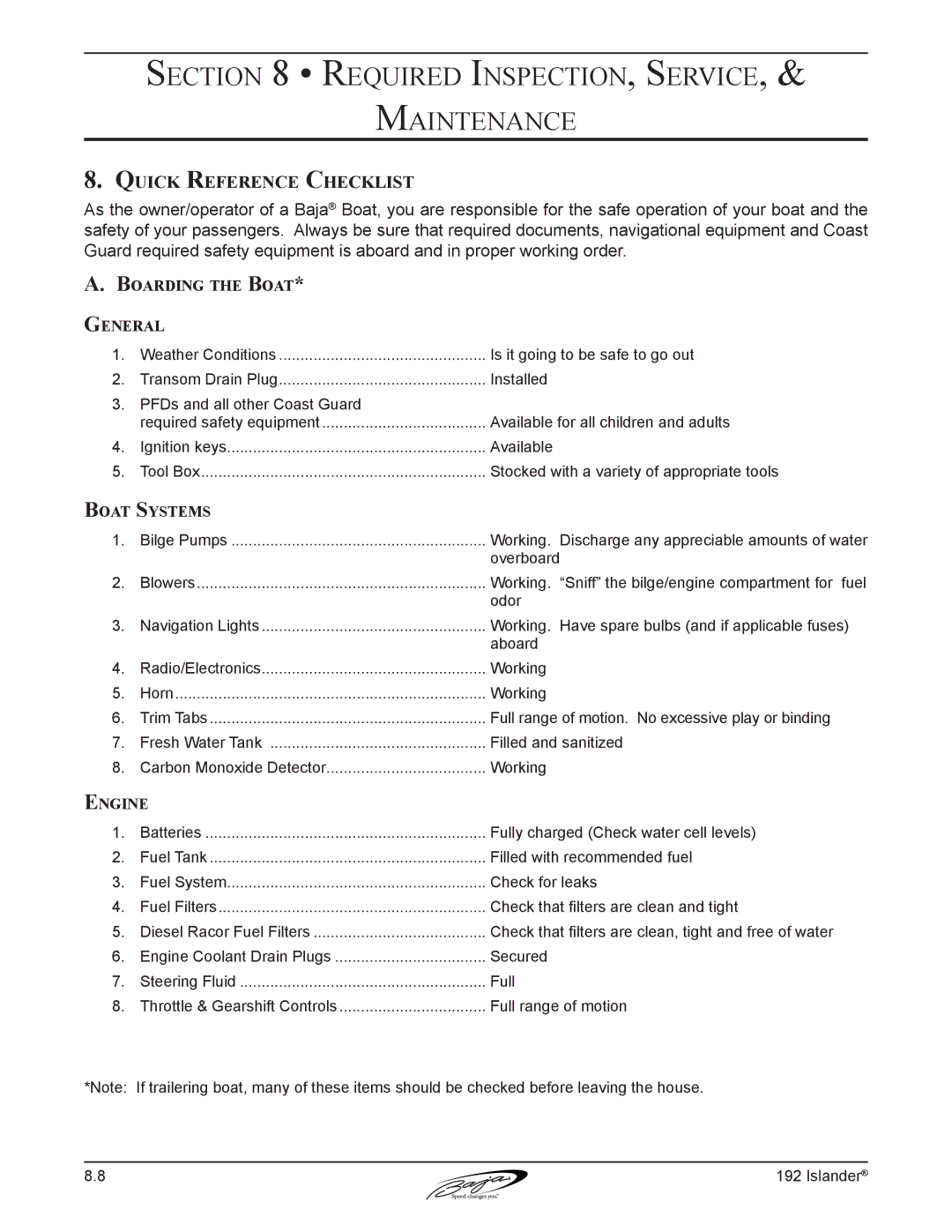 Baja Marine 192 Islander manual Quick Reference Checklist, Boarding the Boat General, Boat Systems 