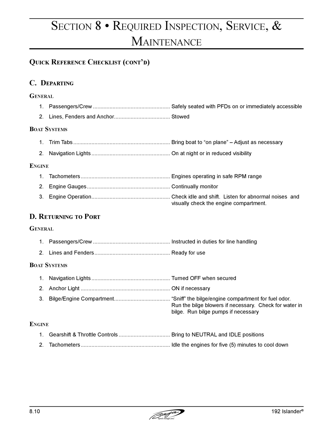 Baja Marine 192 Islander manual Quick Reference Checklist cont’d Departing, Returning to Port 