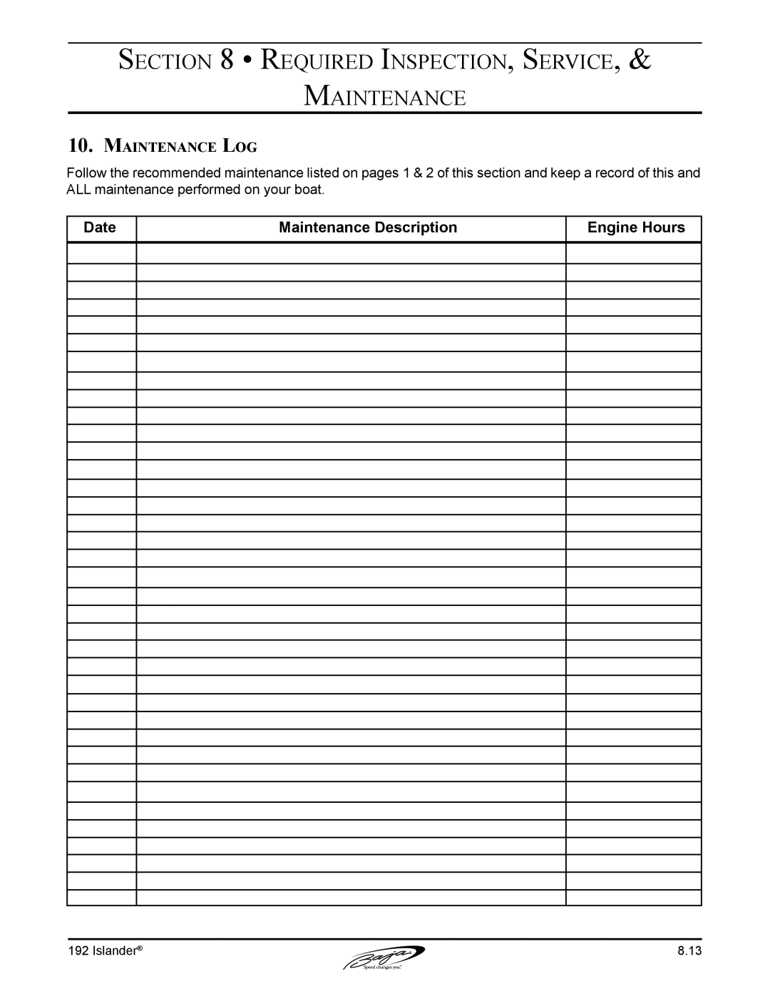 Baja Marine 192 Islander manual Maintenance Log 