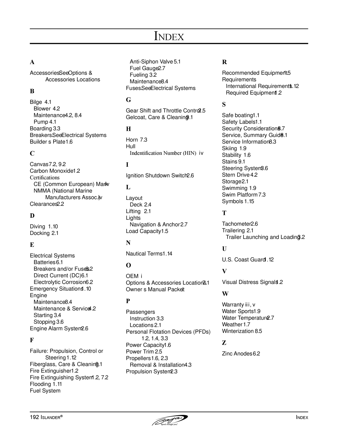 Baja Marine 192 Islander manual Index 