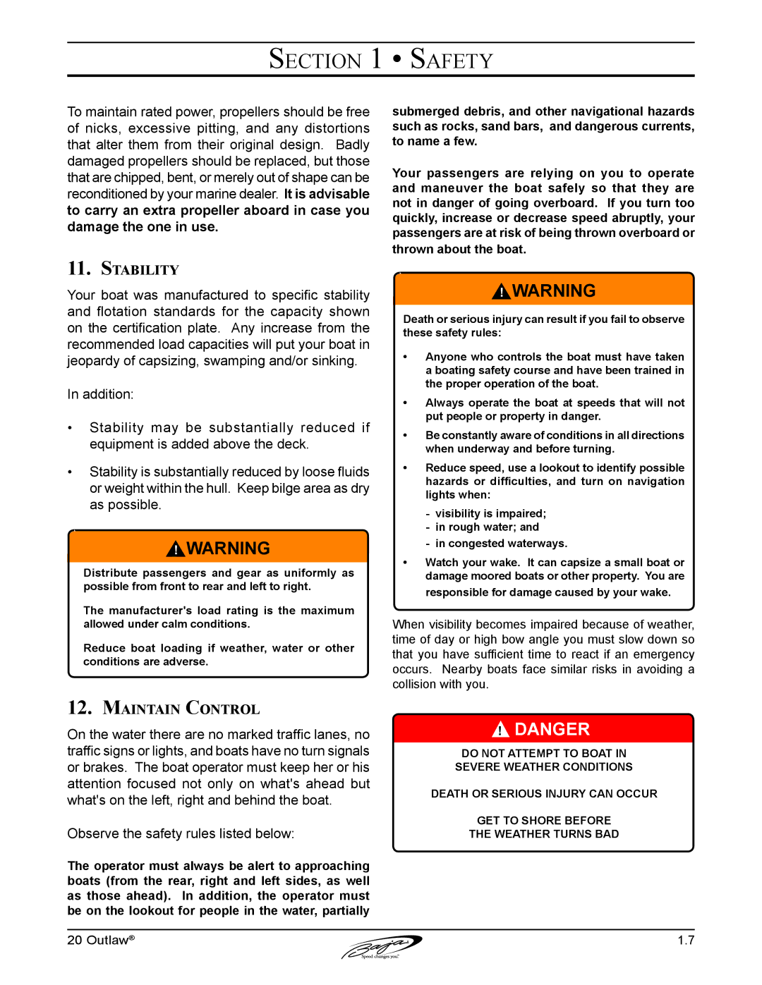 Baja Marine 20 manual Stability, Maintain Control 