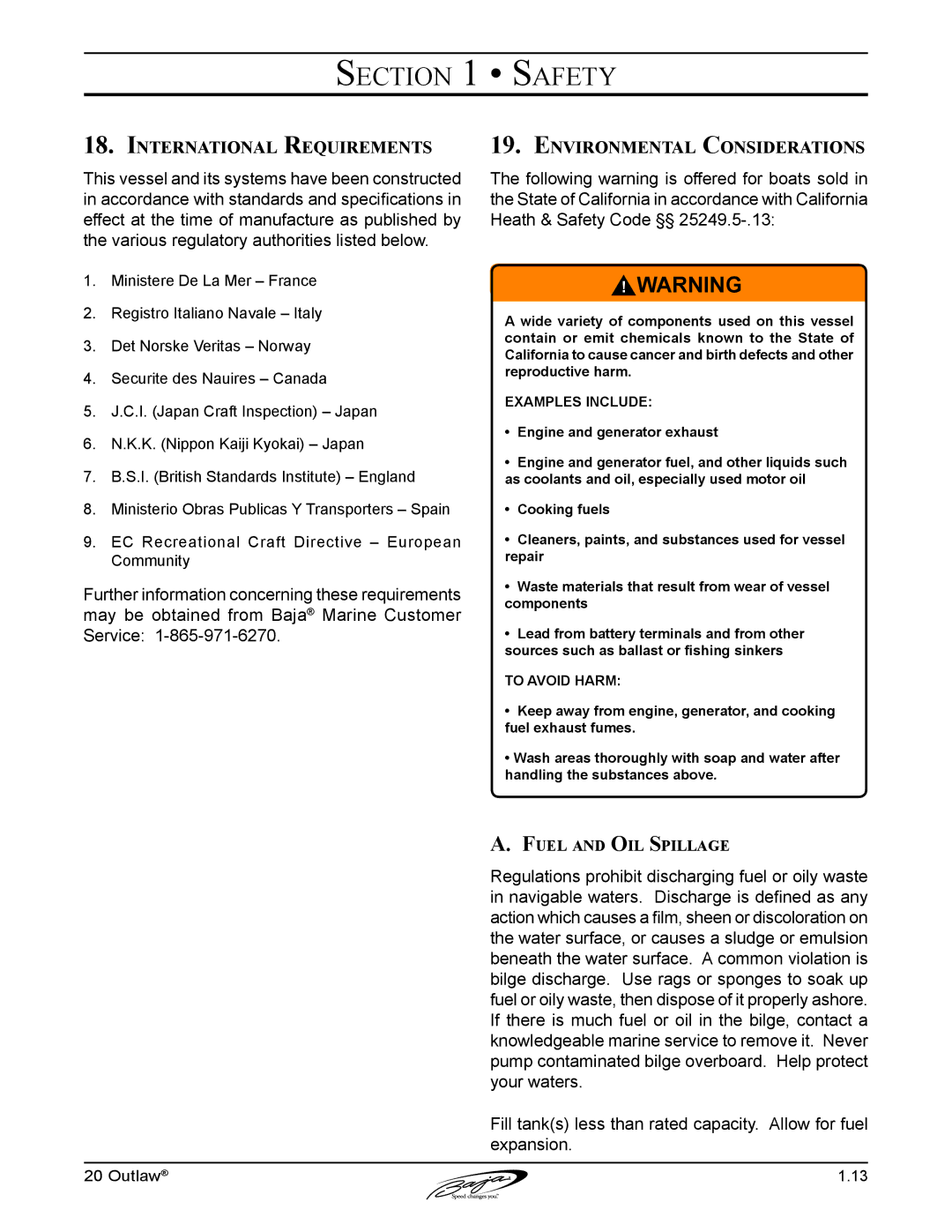 Baja Marine 20 manual International Requirements, Environmental Considerations, Fuel and Oil Spillage 