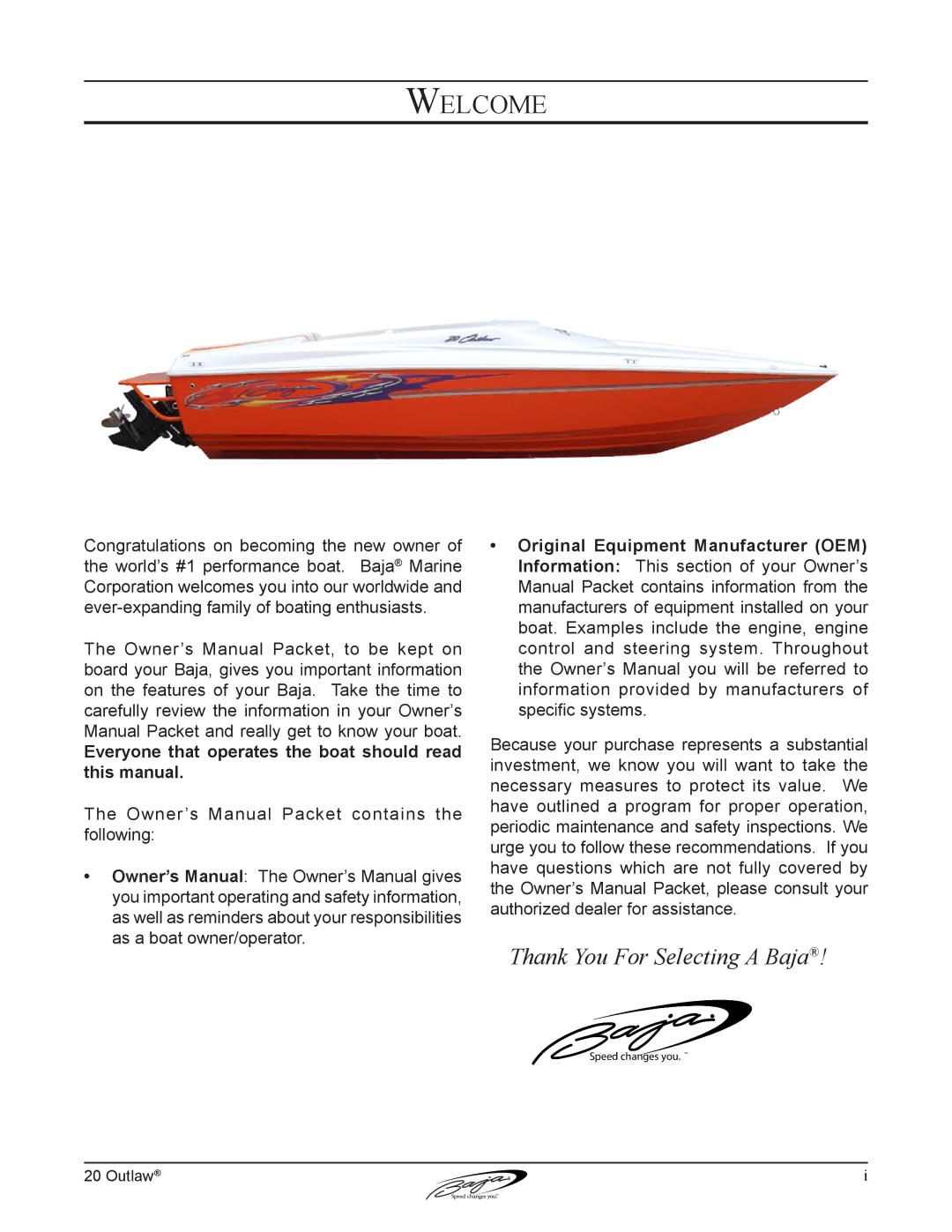 Baja Marine 20 manual Welcome 