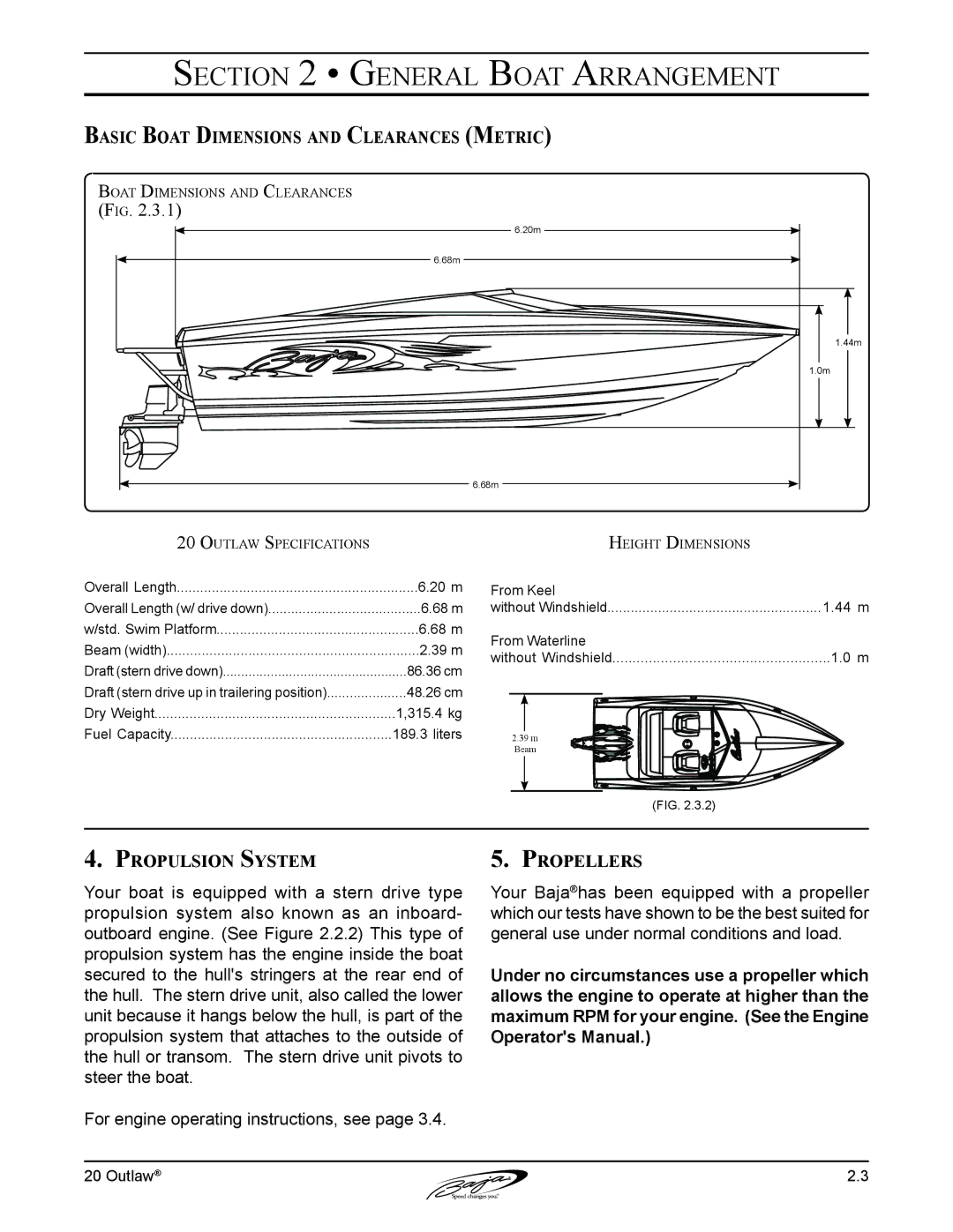 Baja Marine 20 manual Basic Boat Dimensions and Clearances Metric, Propulsion System 