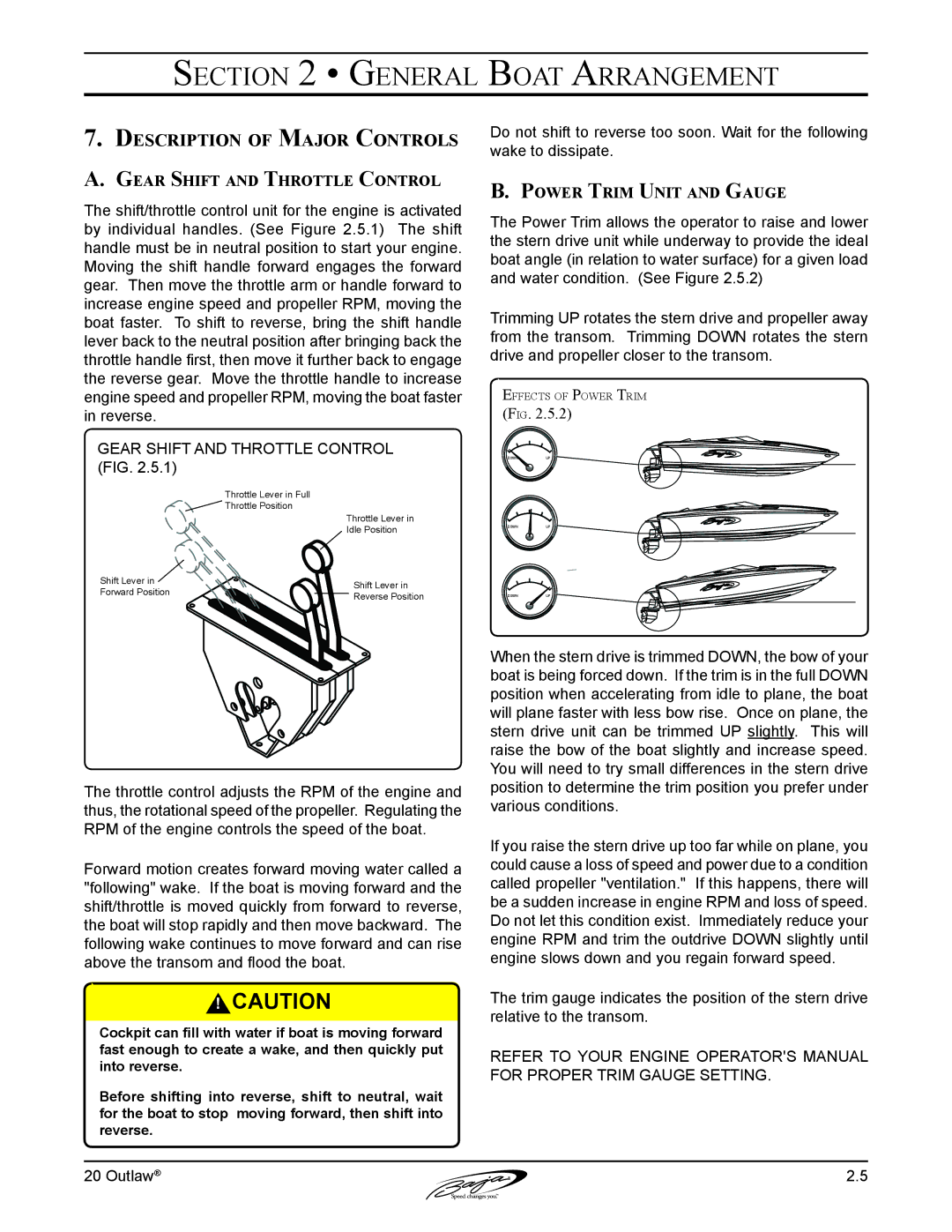 Baja Marine 20 manual Description of Major Controls, Gear Shift and Throttle Control, Power Trim Unit and Gauge 