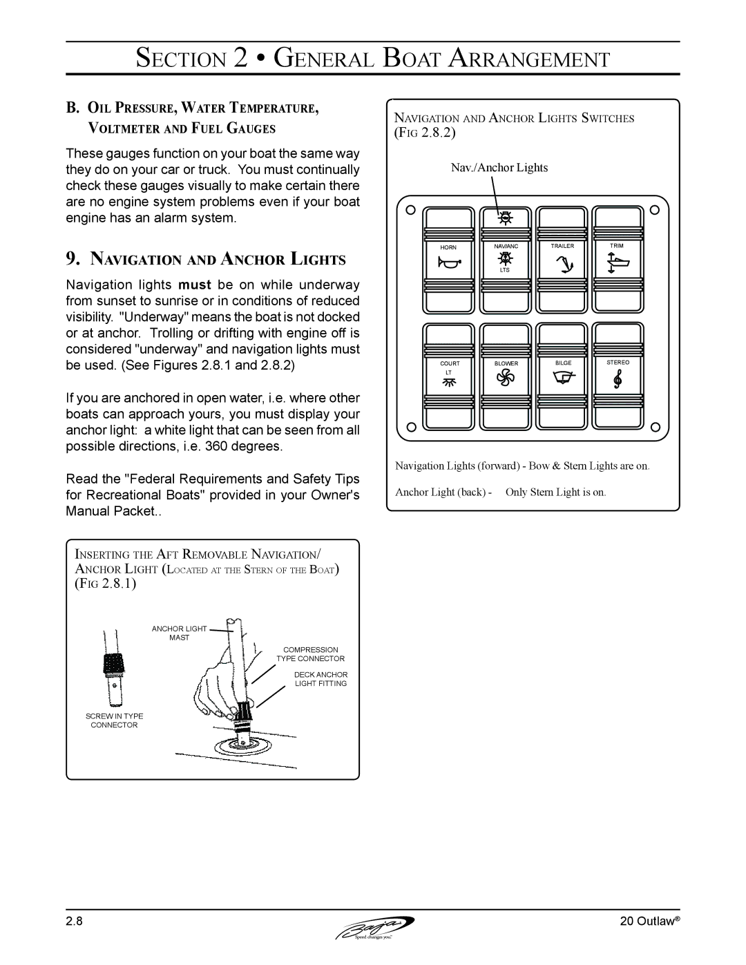 Baja Marine 20 manual Navigation and Anchor Lights, Oil Pressure, Water Temperature, Voltmeter and Fuel Gauges 