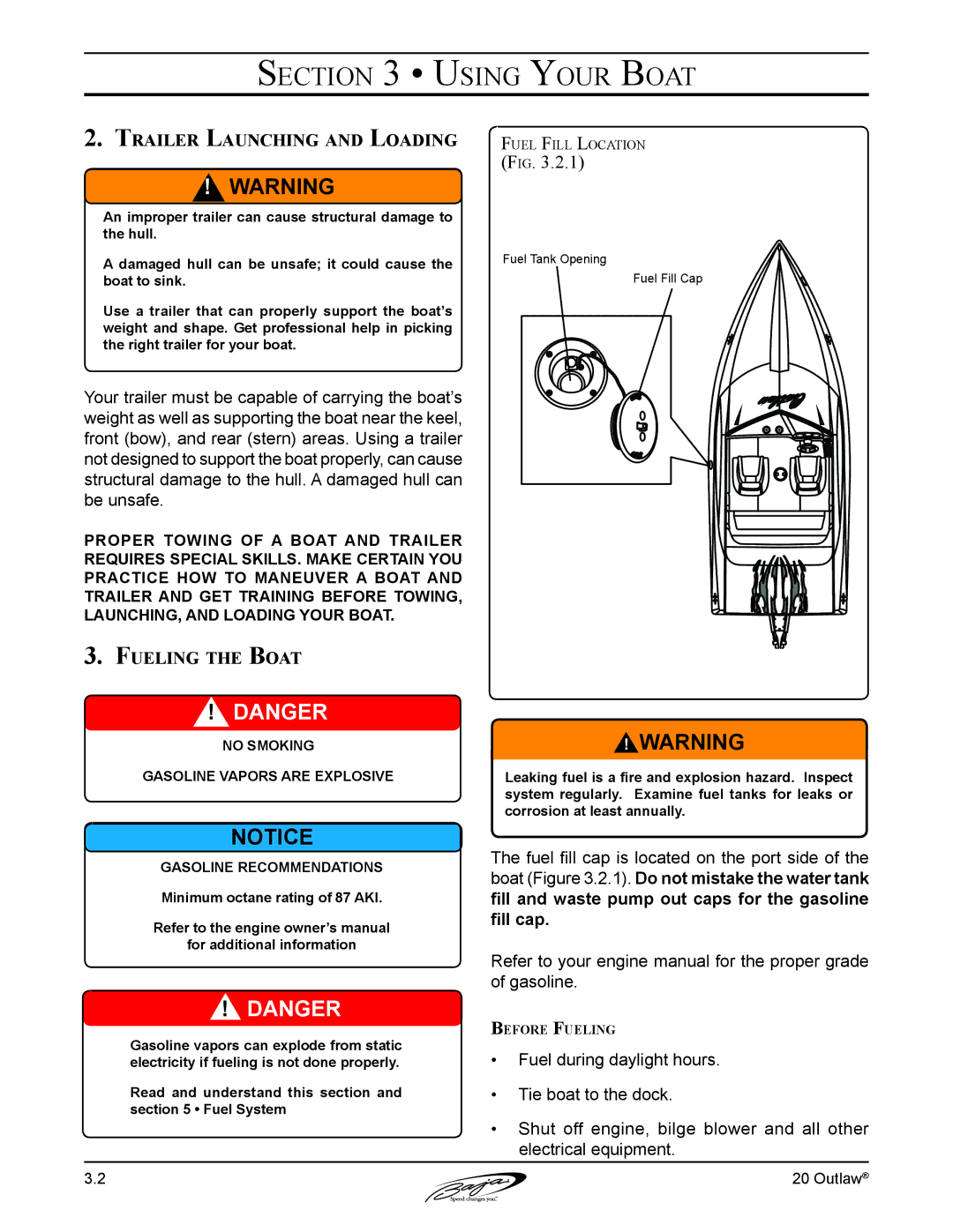 Baja Marine 20 manual Trailer Launching and Loading, Fueling the Boat 