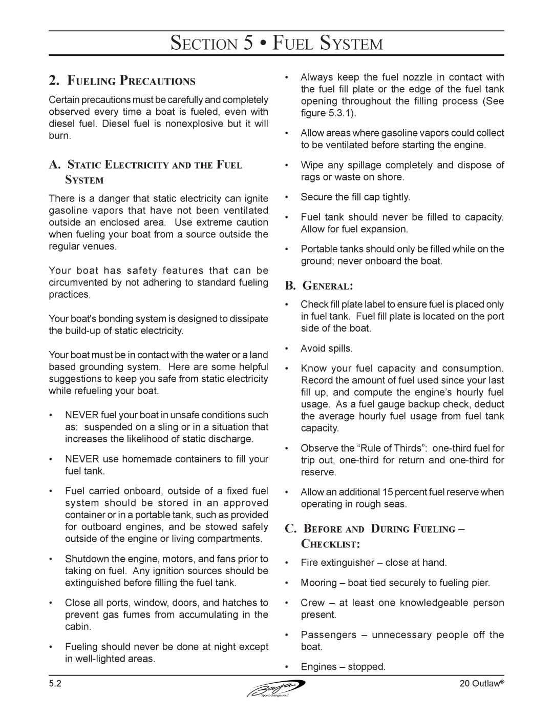 Baja Marine 20 manual Fueling Precautions, Static Electricity and the Fuel System, Before and During Fueling Checklist 