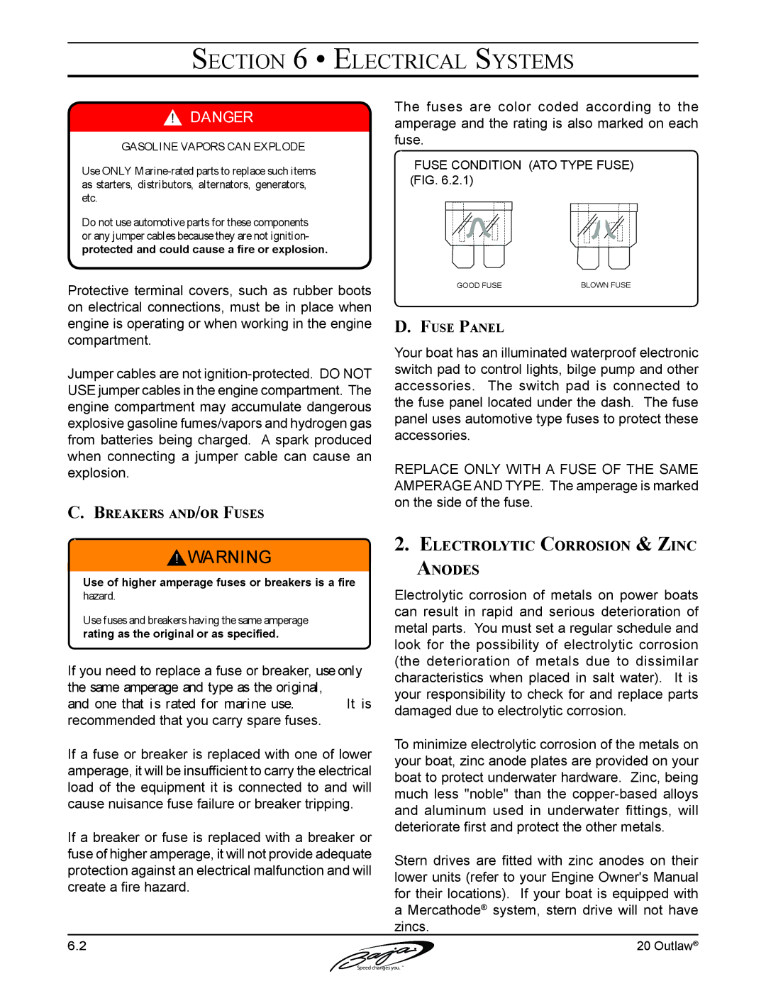 Baja Marine 20 manual Electrolytic Corrosion & Zinc Anodes, Breakers and/or Fuses, Fuse Panel 