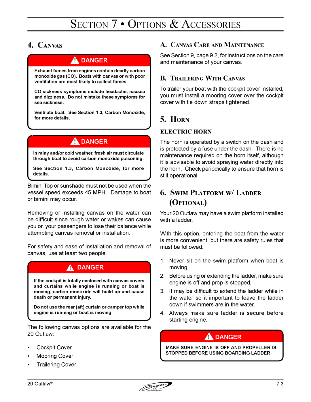 Baja Marine 20 manual Horn, Swim Platform w/ Ladder Optional, Canvas Care and Maintenance, Trailering With Canvas 