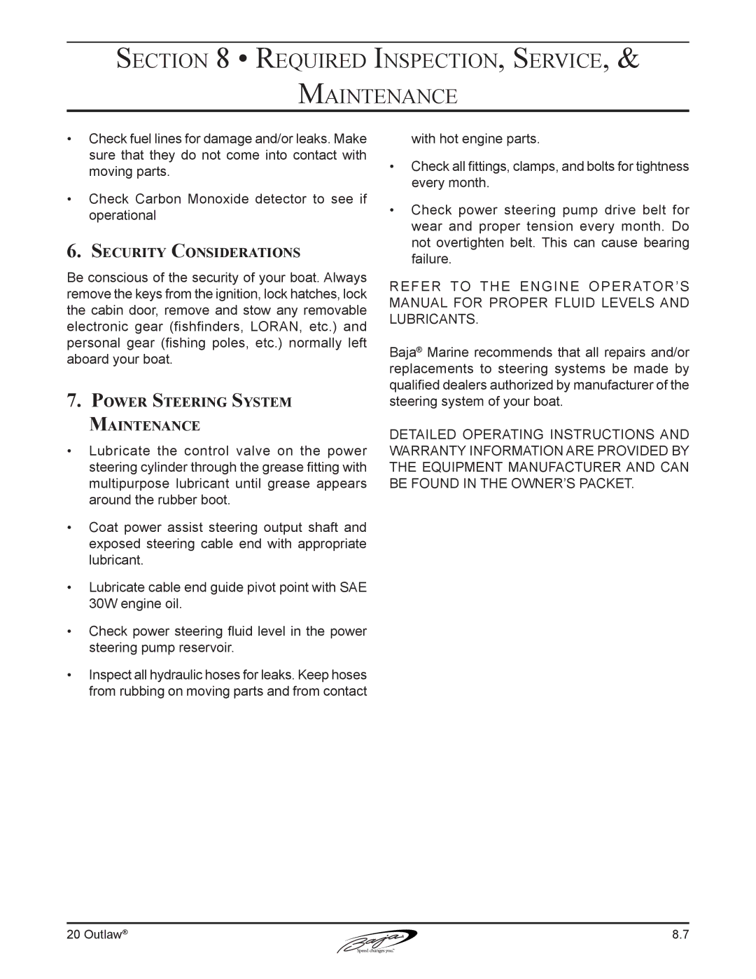 Baja Marine 20 manual Security Considerations, Power Steering System Maintenance 