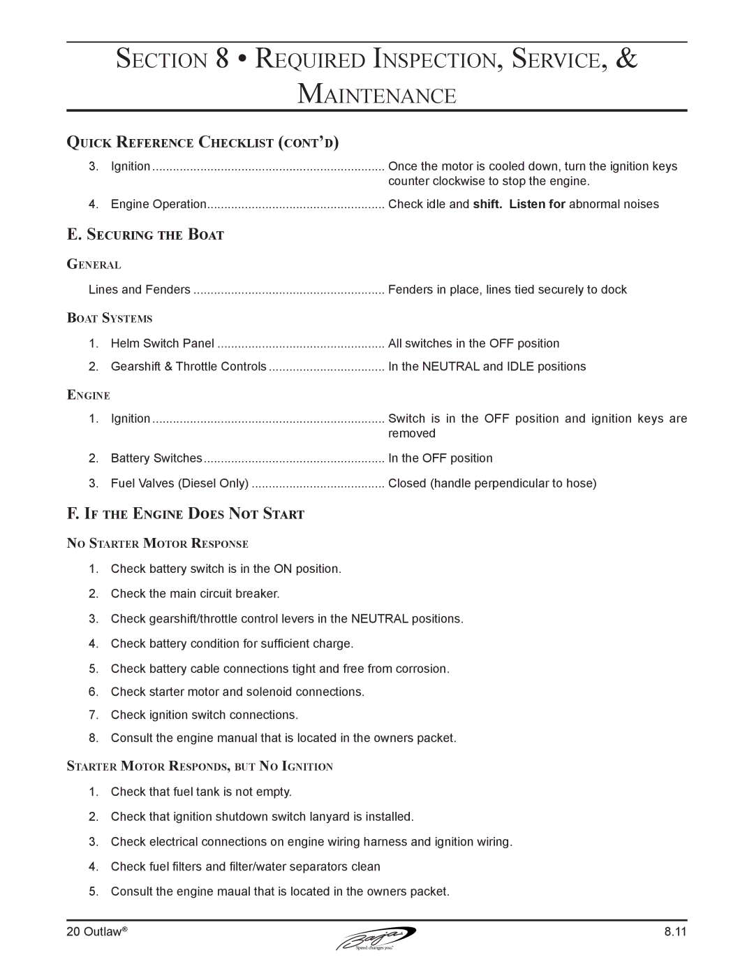 Baja Marine 20 manual Quick Reference Checklist cont’d, Securing the Boat, If the Engine Does Not Start 