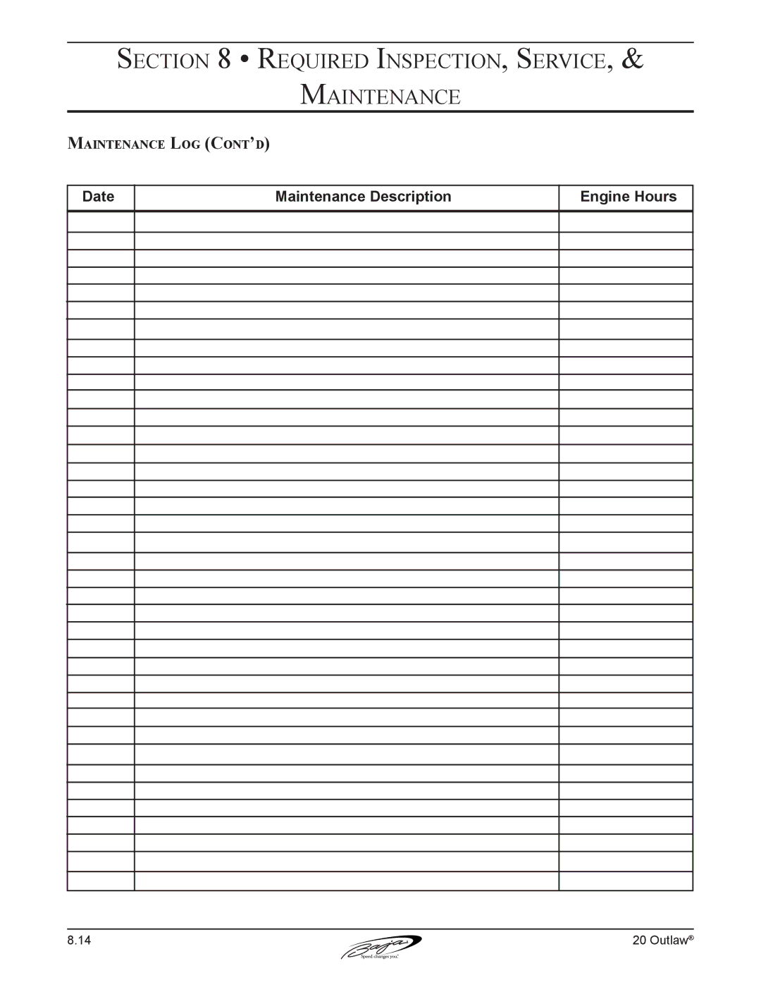 Baja Marine 20 manual Maintenance Log Cont’d 