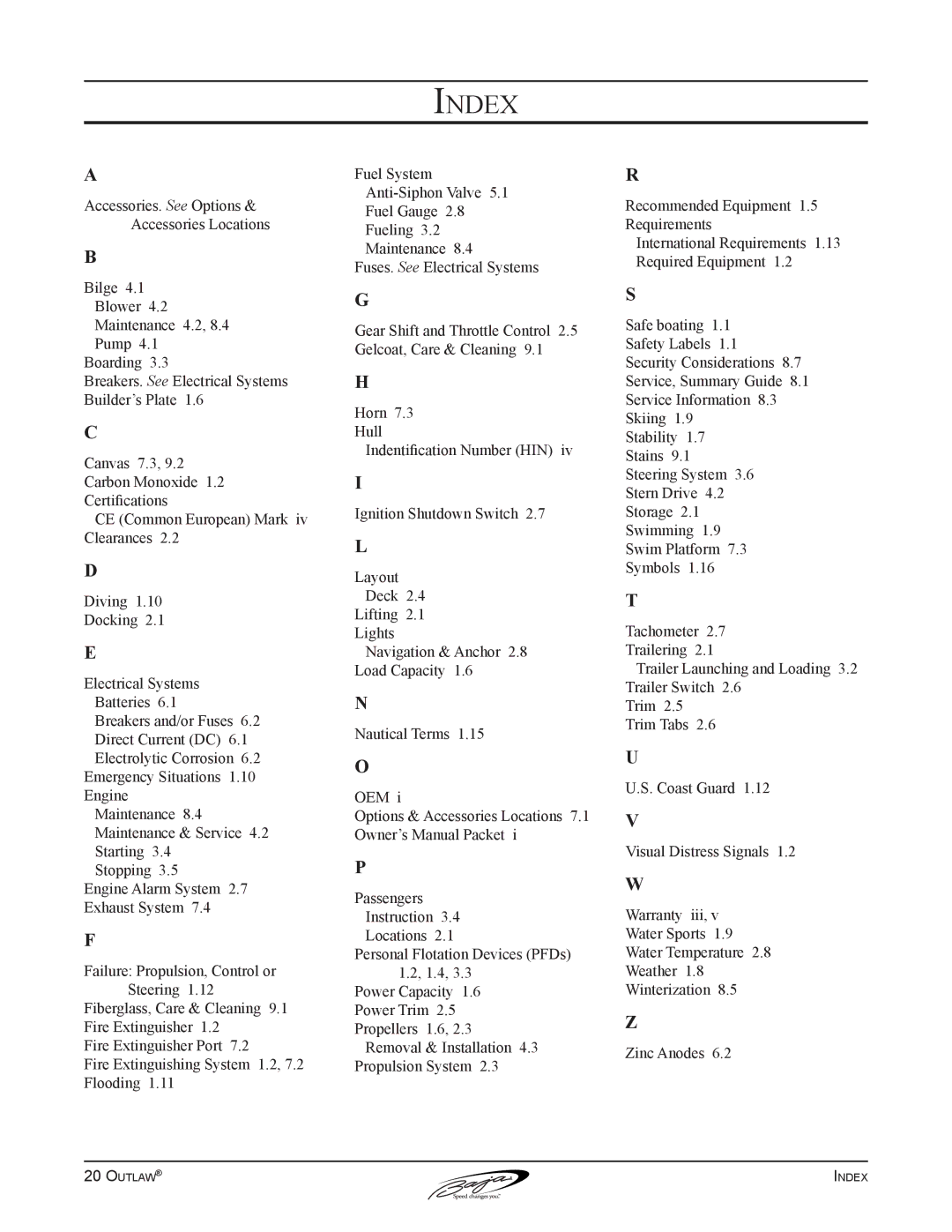 Baja Marine 20 manual Index 