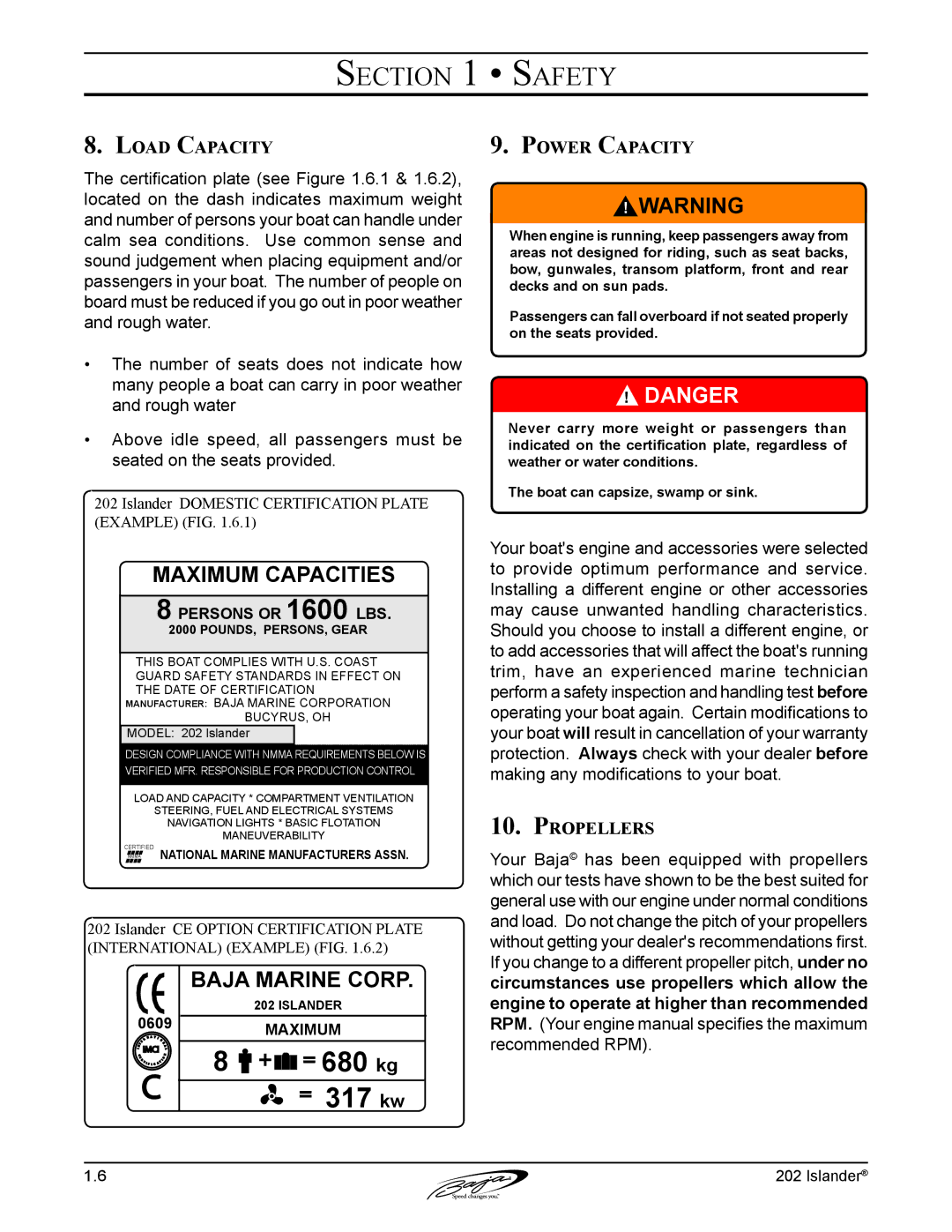Baja Marine 202 Islander manual Load Capacity, Power Capacity, Propellers 