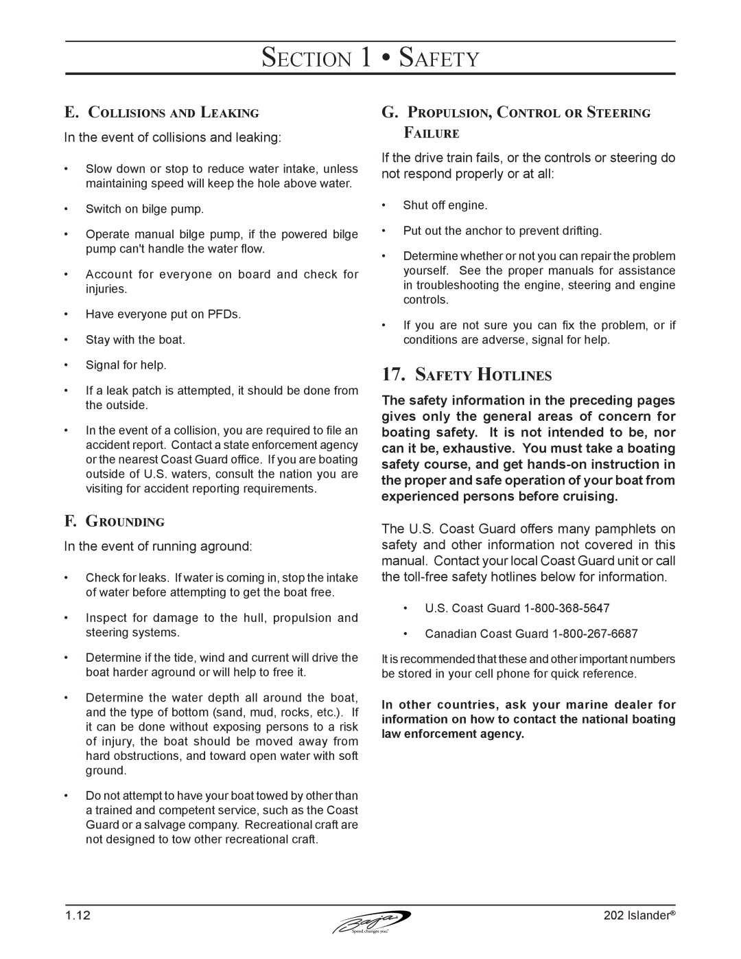 Baja Marine 202 Islander manual Safety Hotlines, Collisions and Leaking, Grounding, Propulsion, Control or Steering Failure 