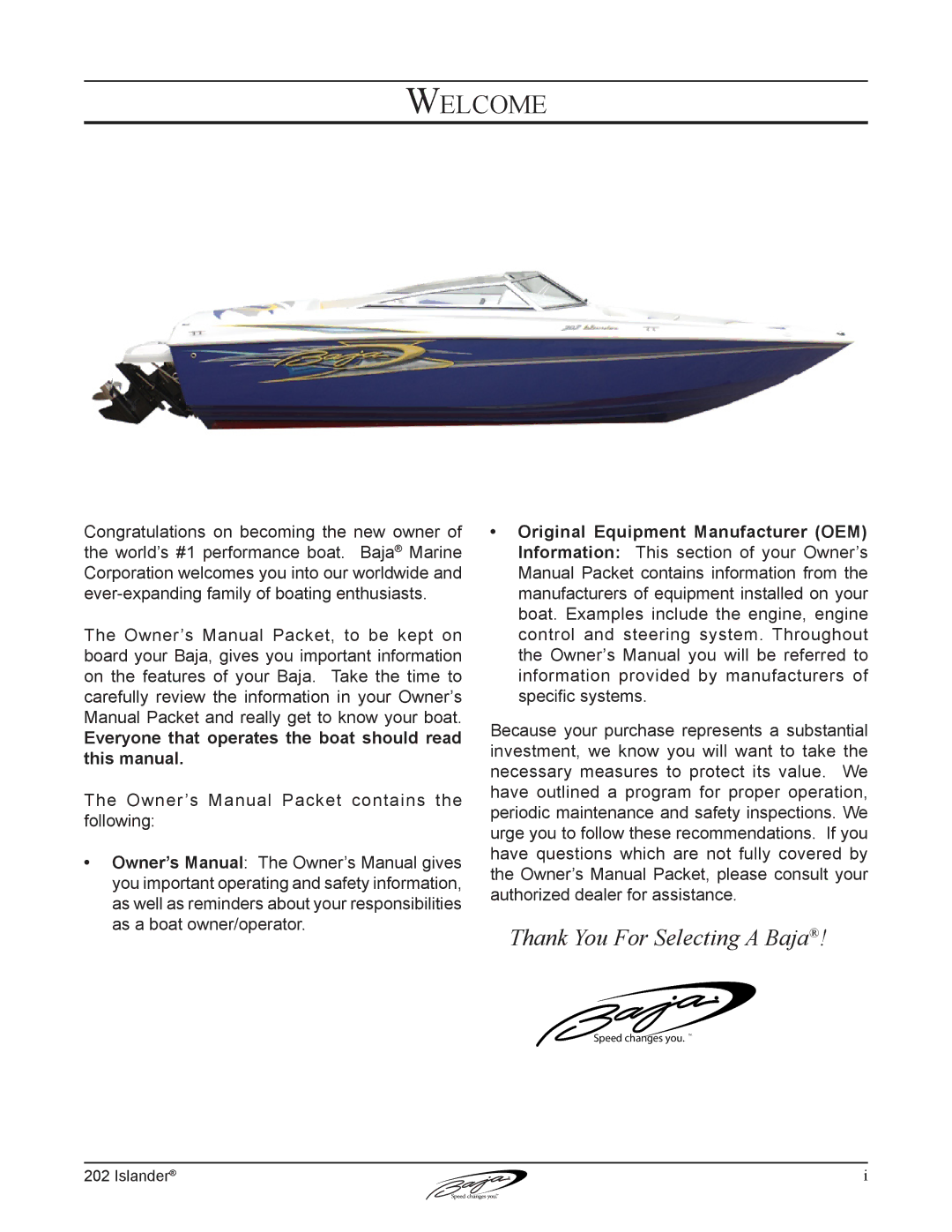 Baja Marine 202 Islander manual Welcome 