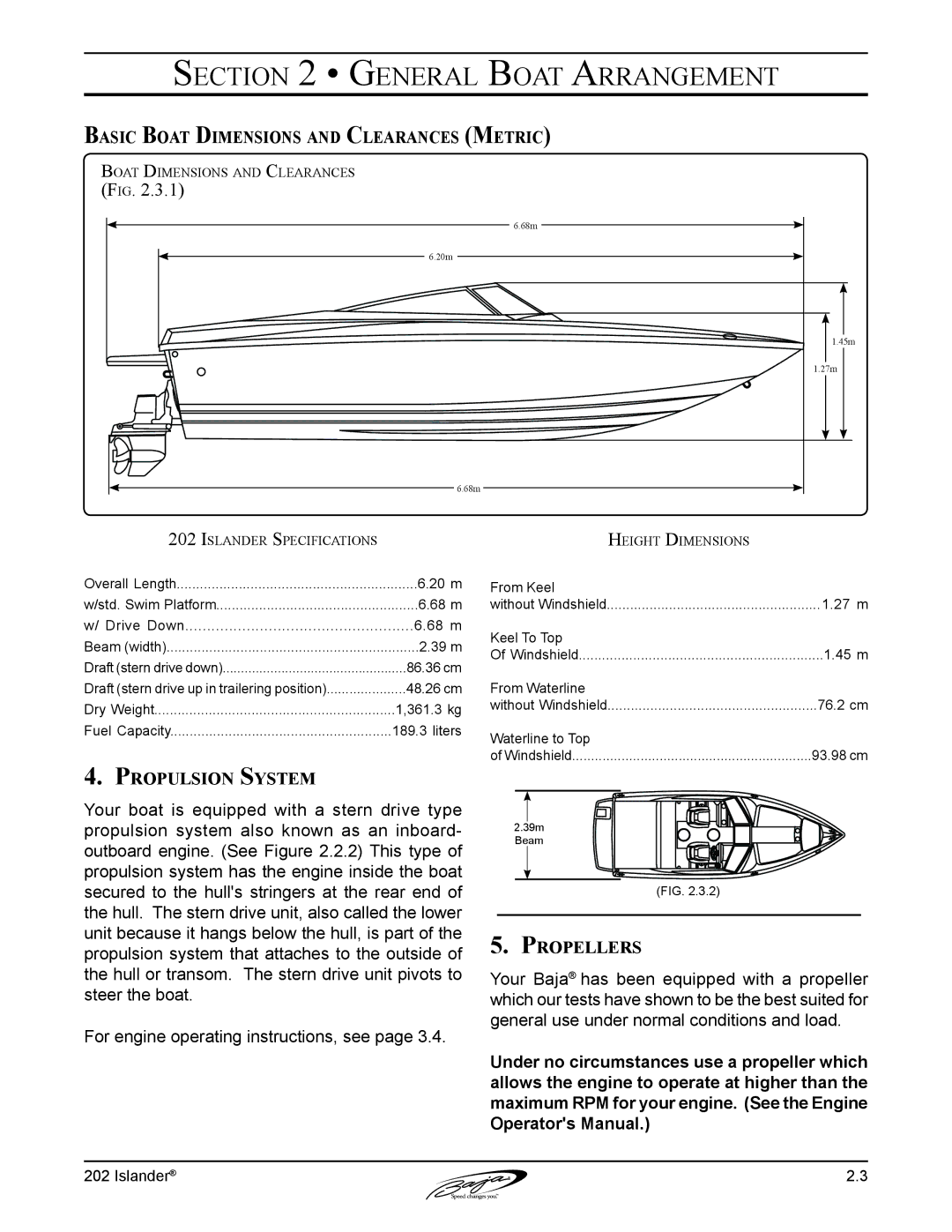 Baja Marine 202 Islander manual Basic Boat Dimensions and Clearances Metric, Propulsion System 