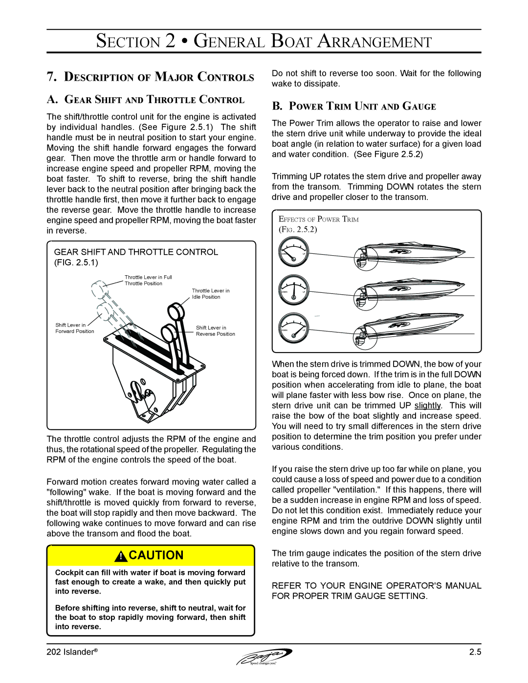 Baja Marine 202 Islander manual Description of Major Controls, Gear Shift and Throttle Control, Power Trim Unit and Gauge 