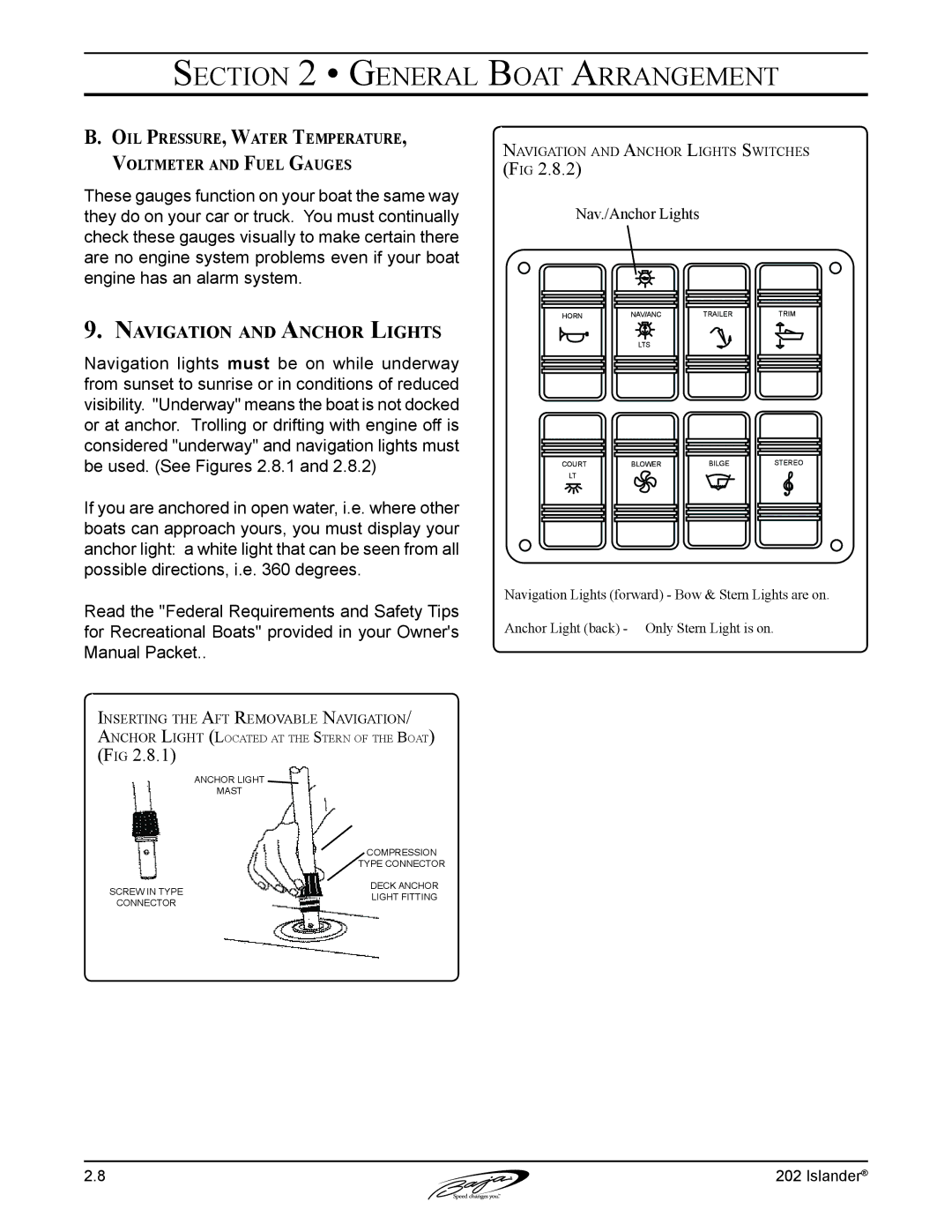 Baja Marine 202 Islander manual Navigation and Anchor Lights, Oil Pressure, Water Temperature, Voltmeter and Fuel Gauges 