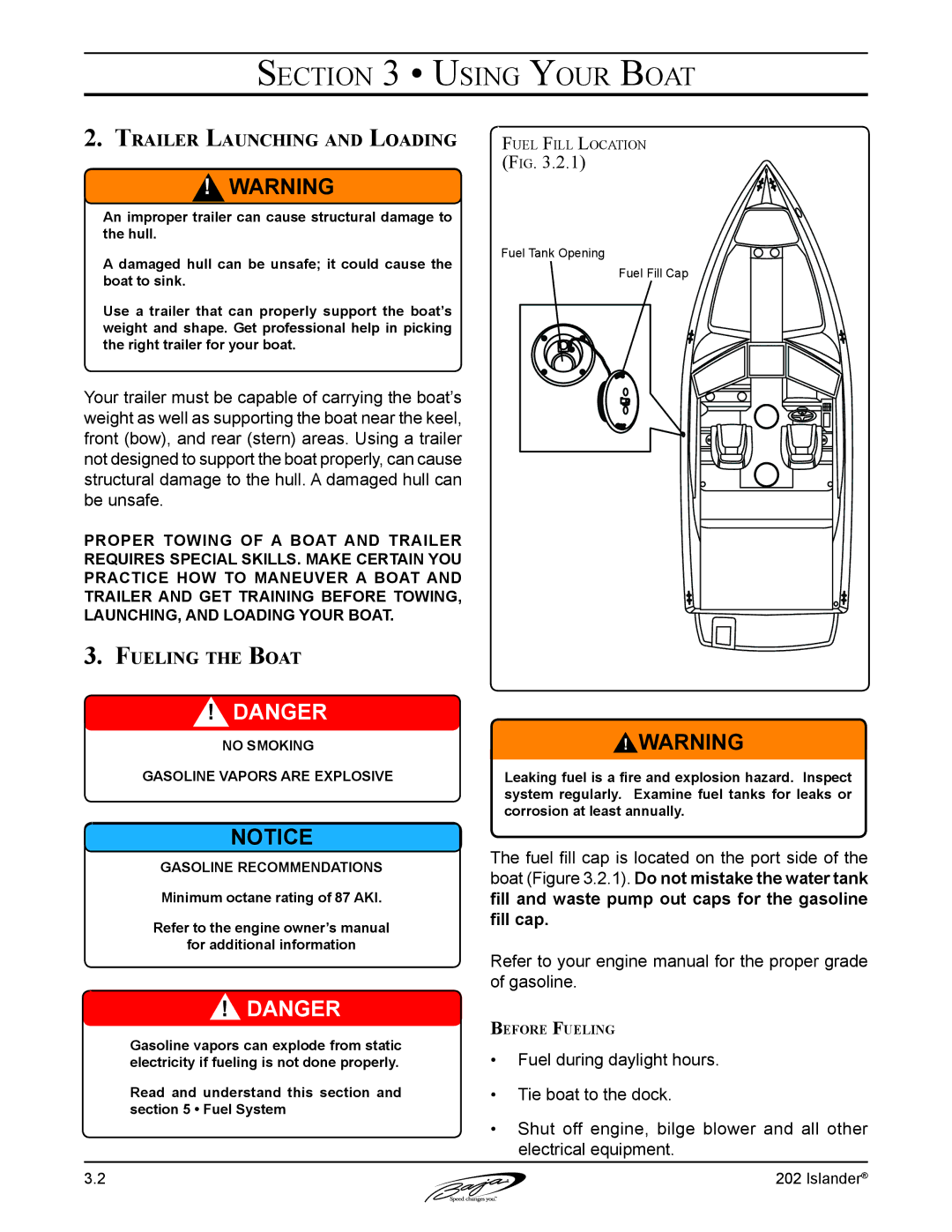 Baja Marine 202 Islander manual Trailer Launching and Loading, Fueling the Boat 