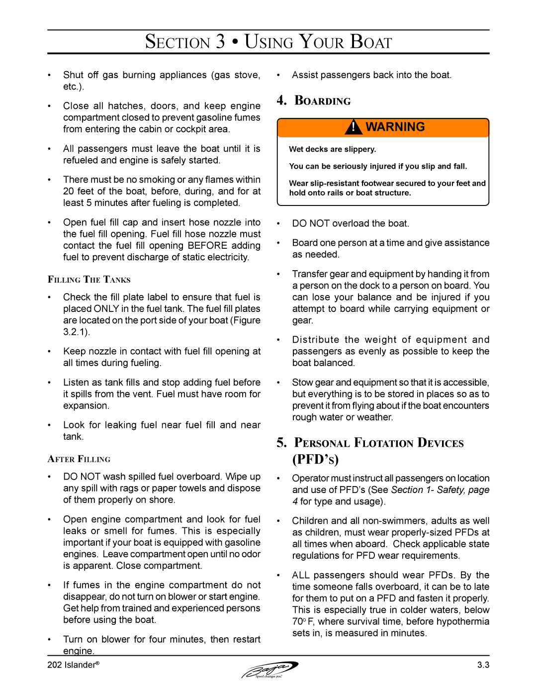 Baja Marine 202 Islander manual Boarding, Personal Flotation Devices 