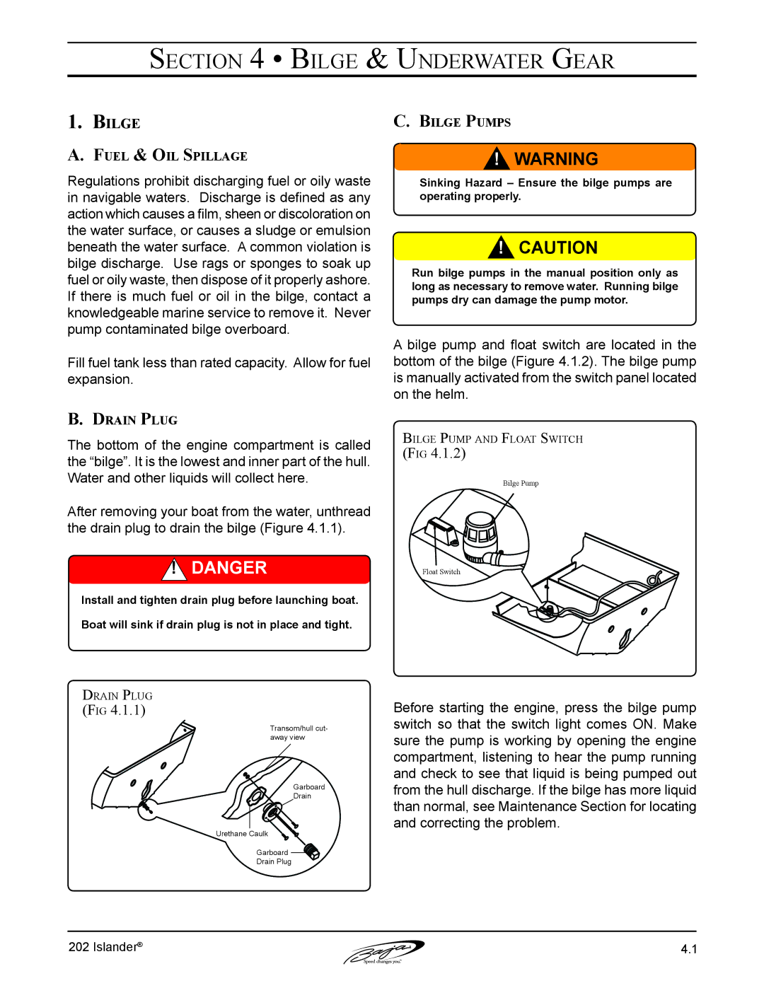 Baja Marine 202 Islander manual Bilge & Underwater Gear, Fuel & Oil Spillage, Drain Plug, Bilge Pumps 