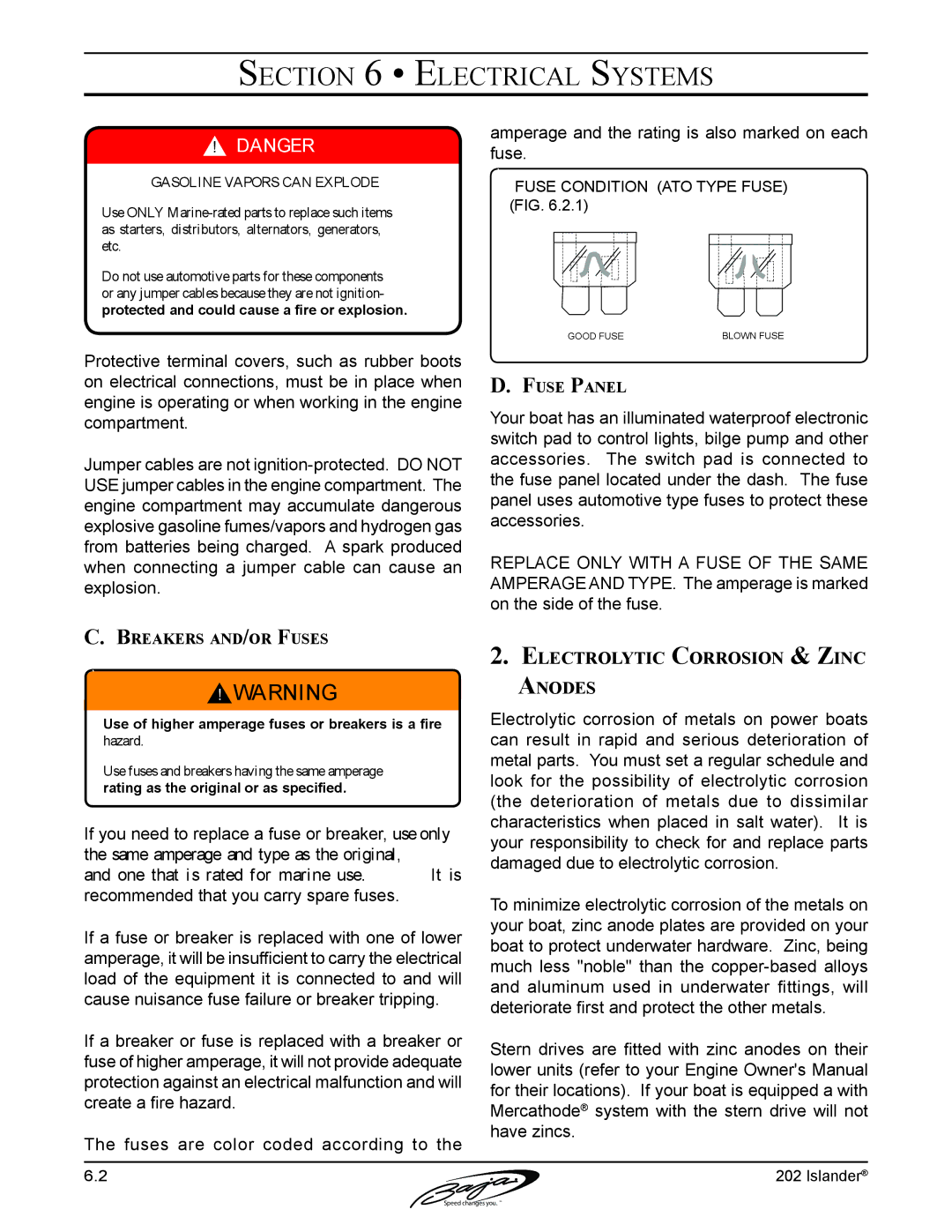 Baja Marine 202 Islander manual Electrolytic Corrosion & Zinc Anodes, Breakers and/or Fuses, Fuse Panel 