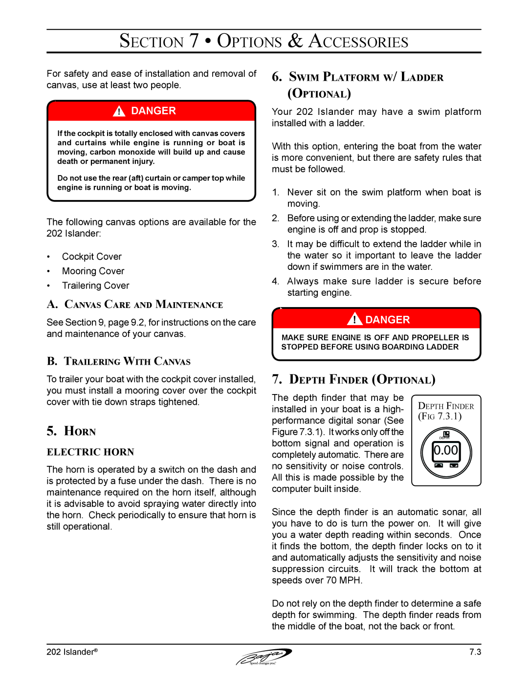 Baja Marine 202 Islander manual Swim Platform w/ Ladder Optional, Depth Finder Optional, Horn, Canvas Care and Maintenance 