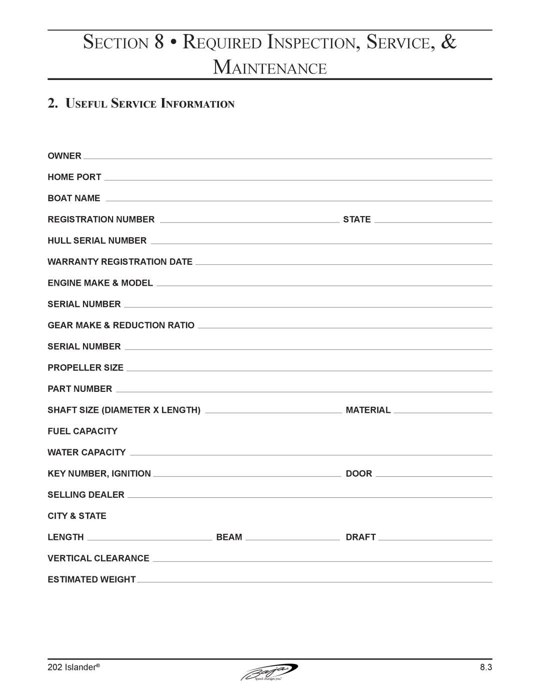 Baja Marine 202 Islander manual Useful Service Information 