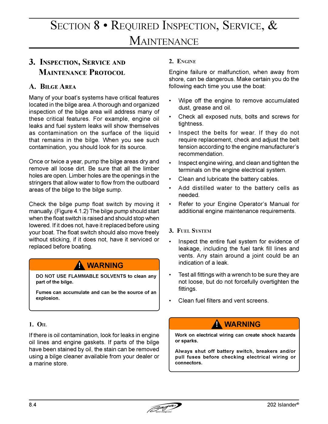 Baja Marine 202 Islander manual Inspection, Service and Maintenance Protocol, Bilge Area 