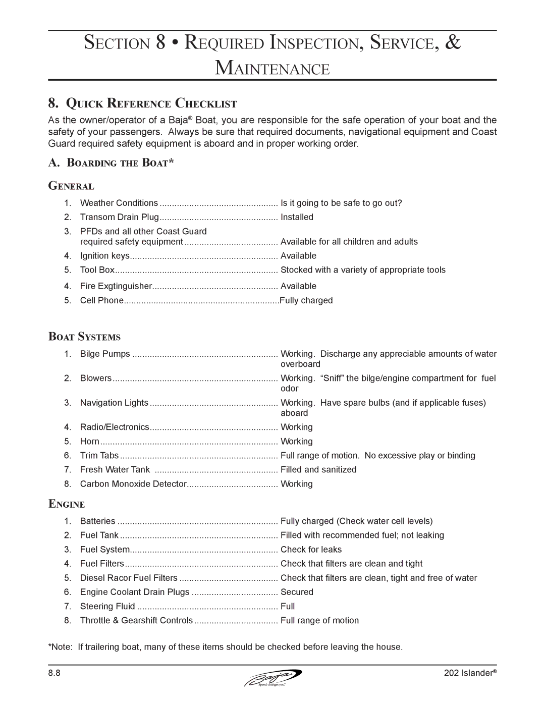 Baja Marine 202 Islander manual Quick Reference Checklist, Boarding the Boat General, Boat Systems 