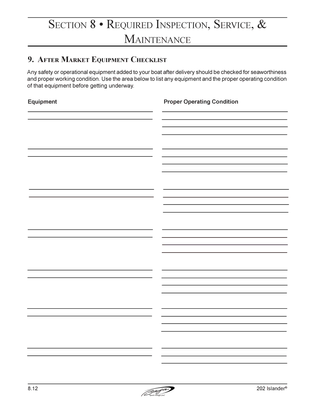 Baja Marine 202 Islander manual After Market Equipment Checklist 