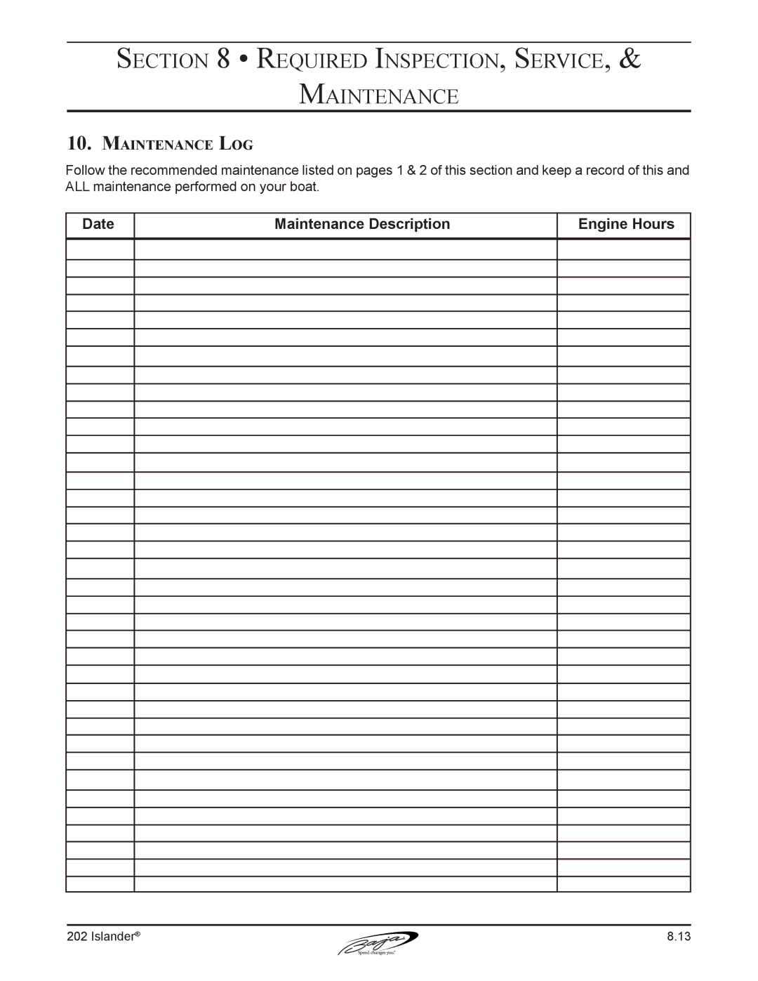 Baja Marine 202 Islander manual Maintenance Log 