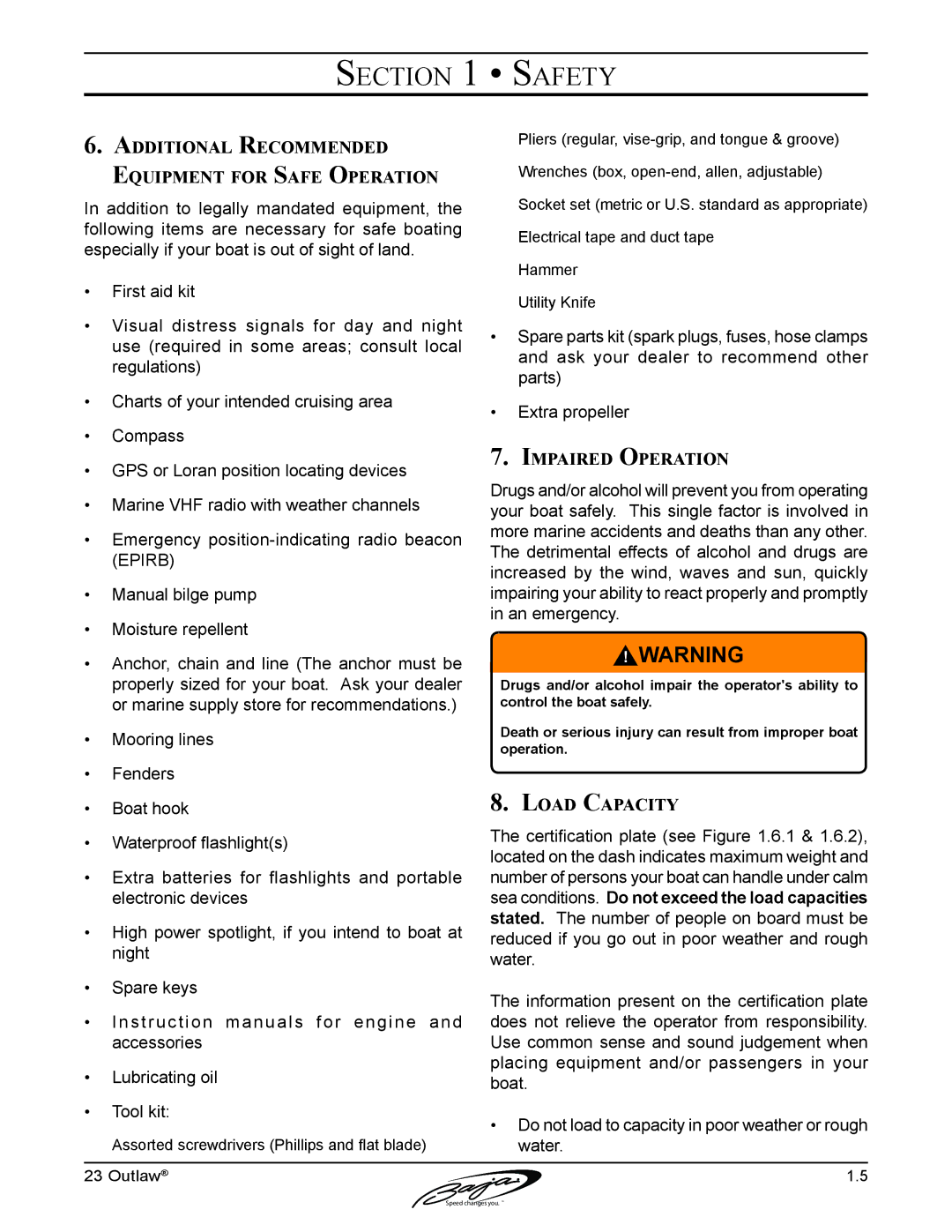 Baja Marine 23 manual Additional Recommended Equipment for Safe Operation, Impaired Operation, Load Capacity 