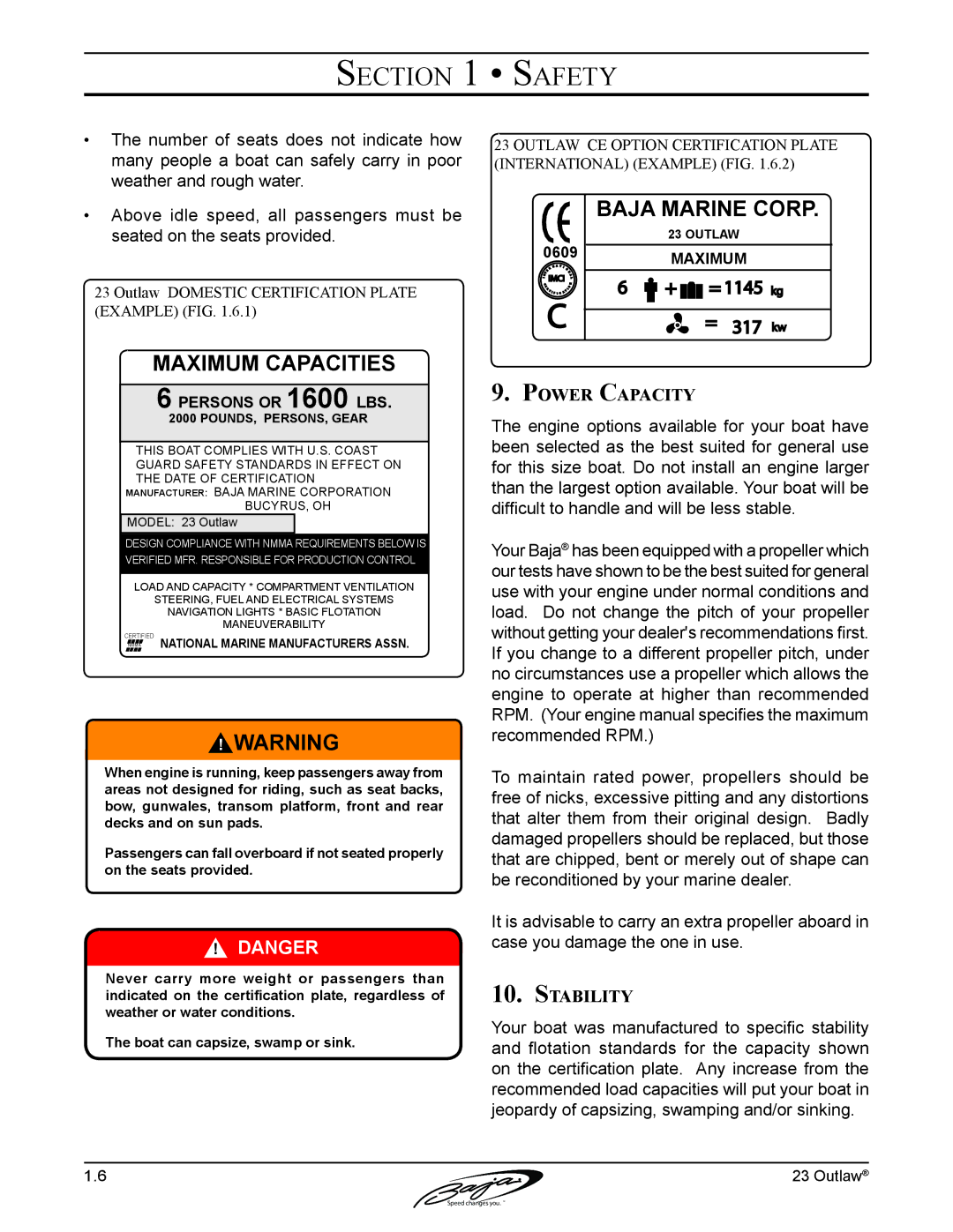 Baja Marine 23 manual Power Capacity, Stability 