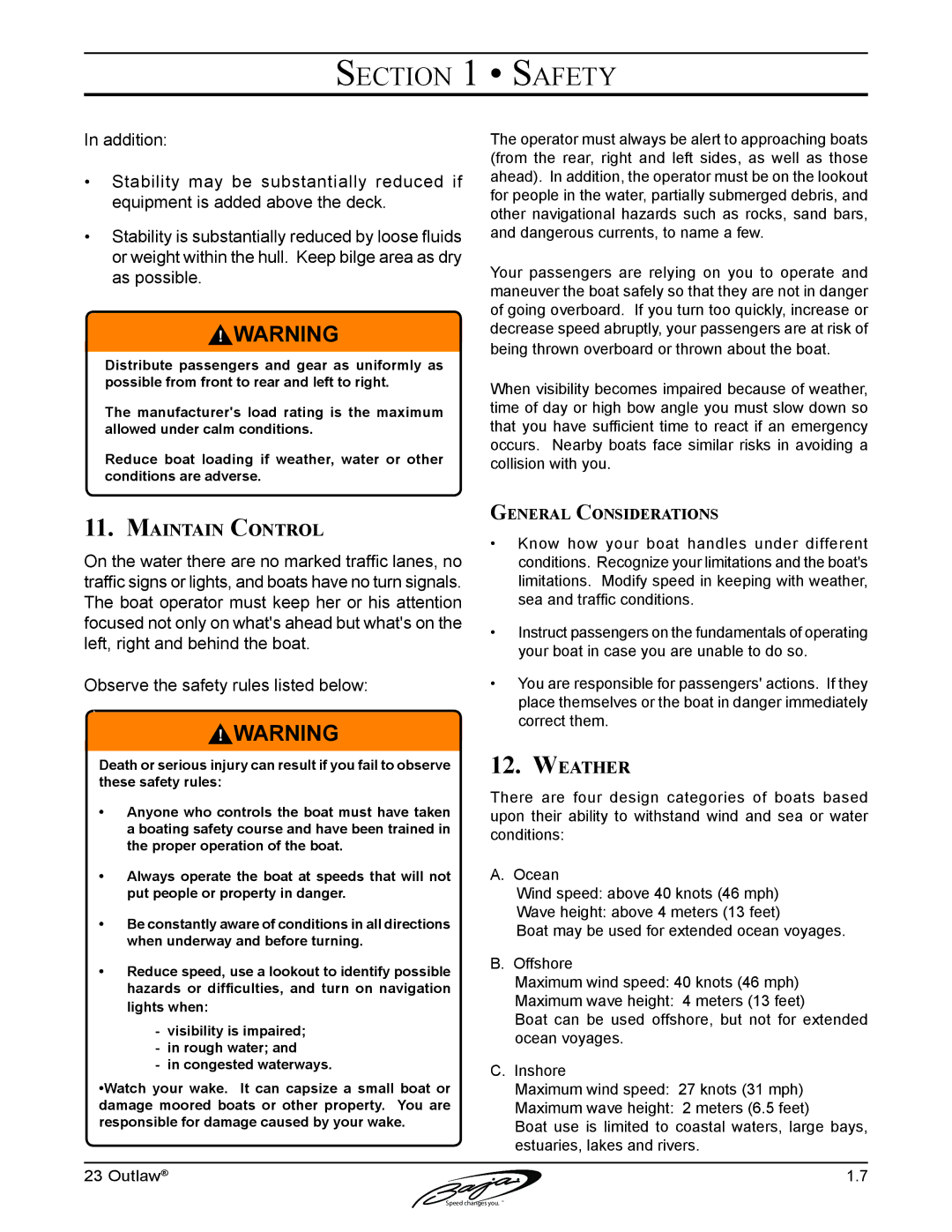 Baja Marine 23 manual Maintain Control, Weather, General Considerations 