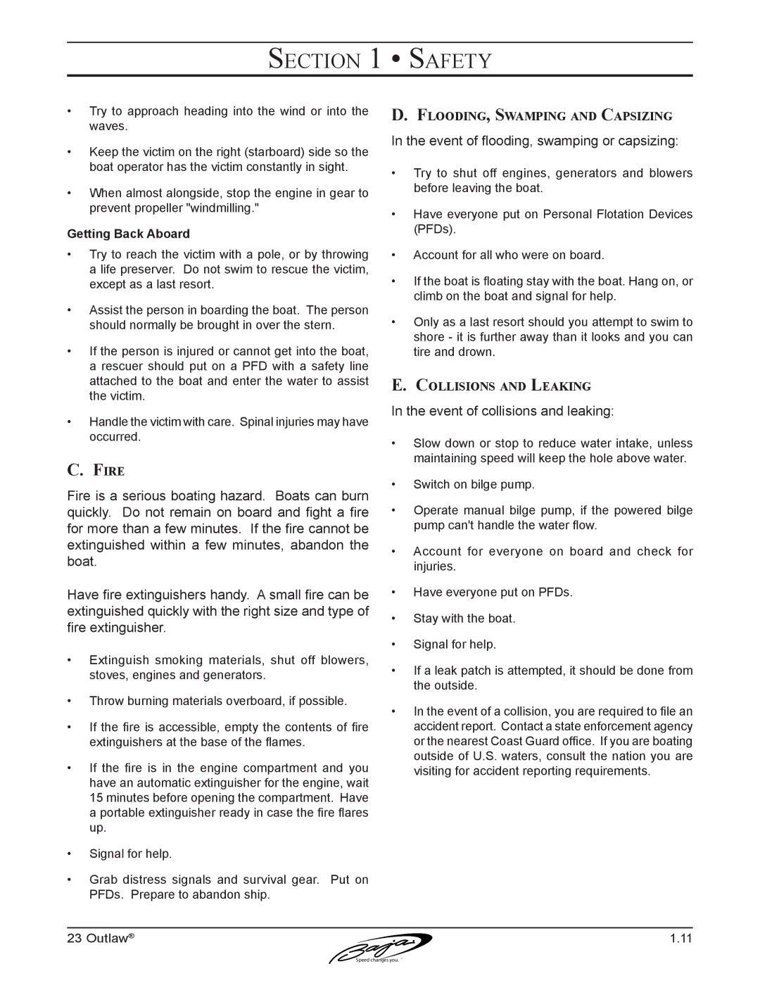 Baja Marine 23 manual Fire, Flooding, Swamping and Capsizing, Collisions and Leaking 