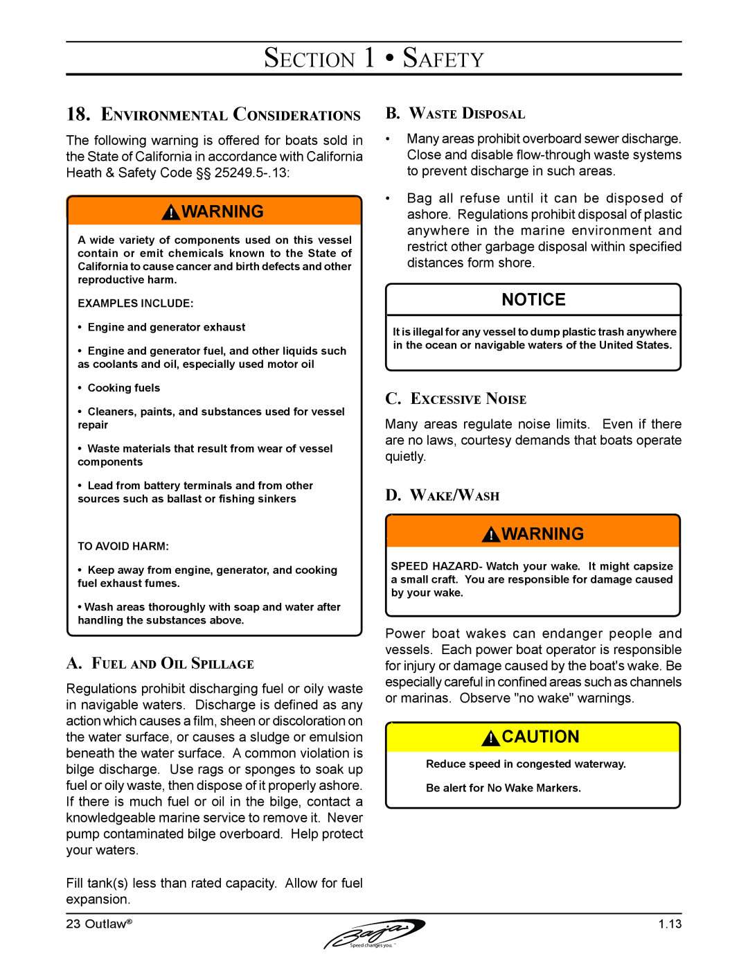 Baja Marine 23 manual Environmental Considerations, Waste Disposal, Excessive Noise, Wake/Wash, Fuel and Oil Spillage 