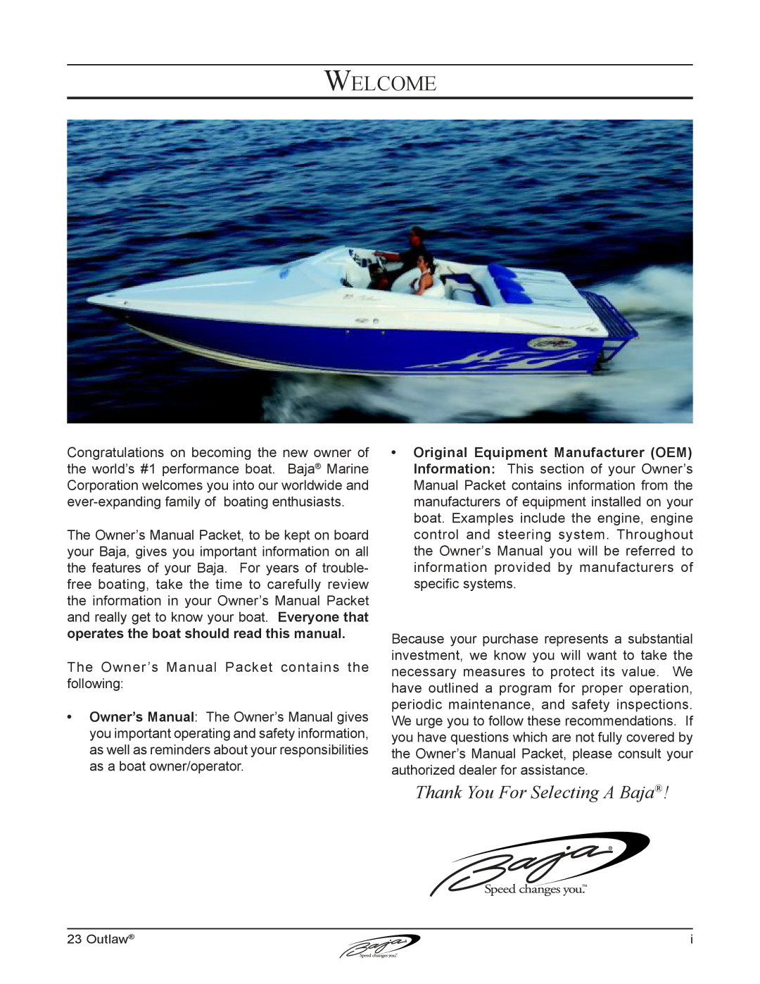 Baja Marine 23 manual Welcome 